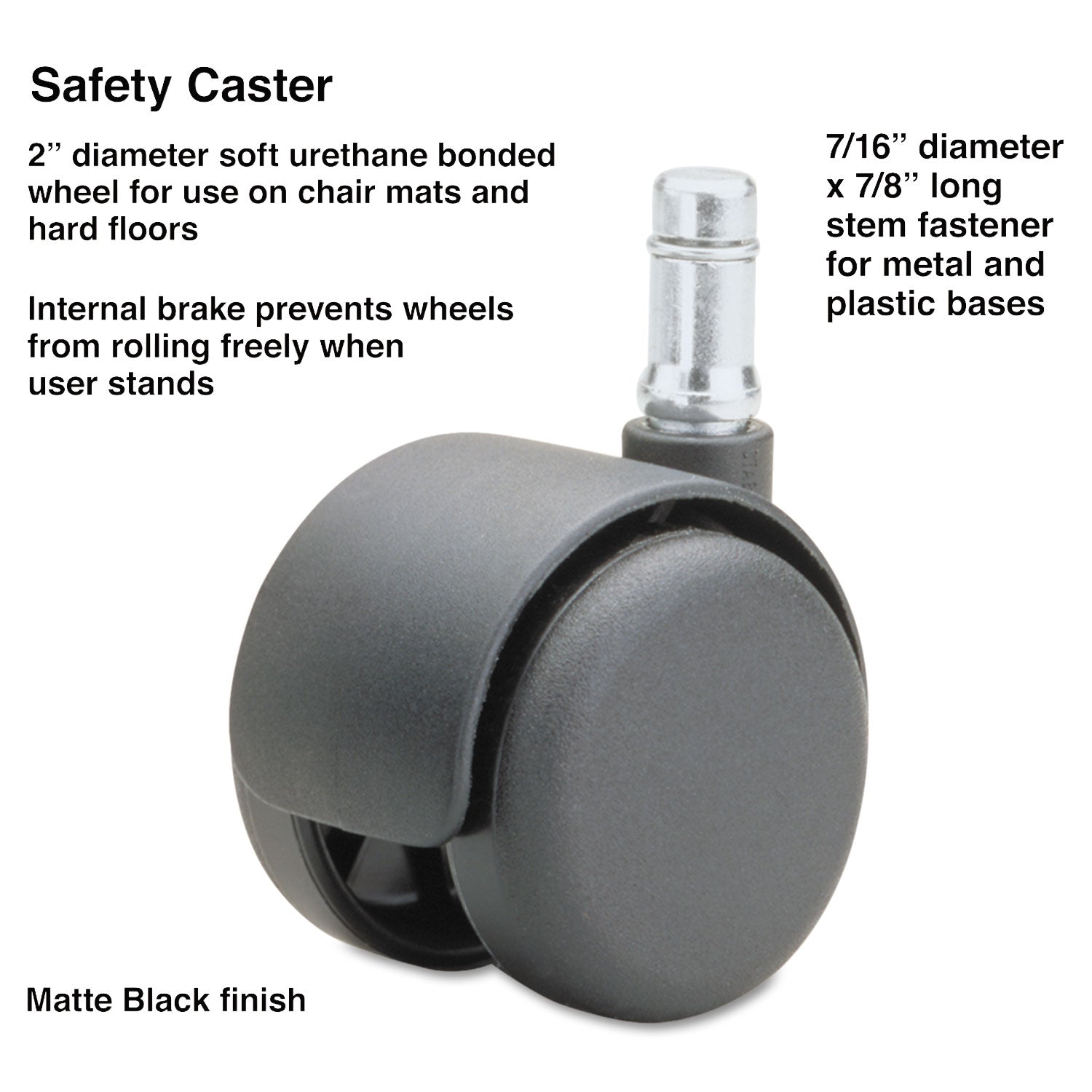 Master Caster® Safety Casters, Standard Neck, Grip Ring Type B Stem, 2" Soft Polyurethane Wheel, Matte Black, 5/Set