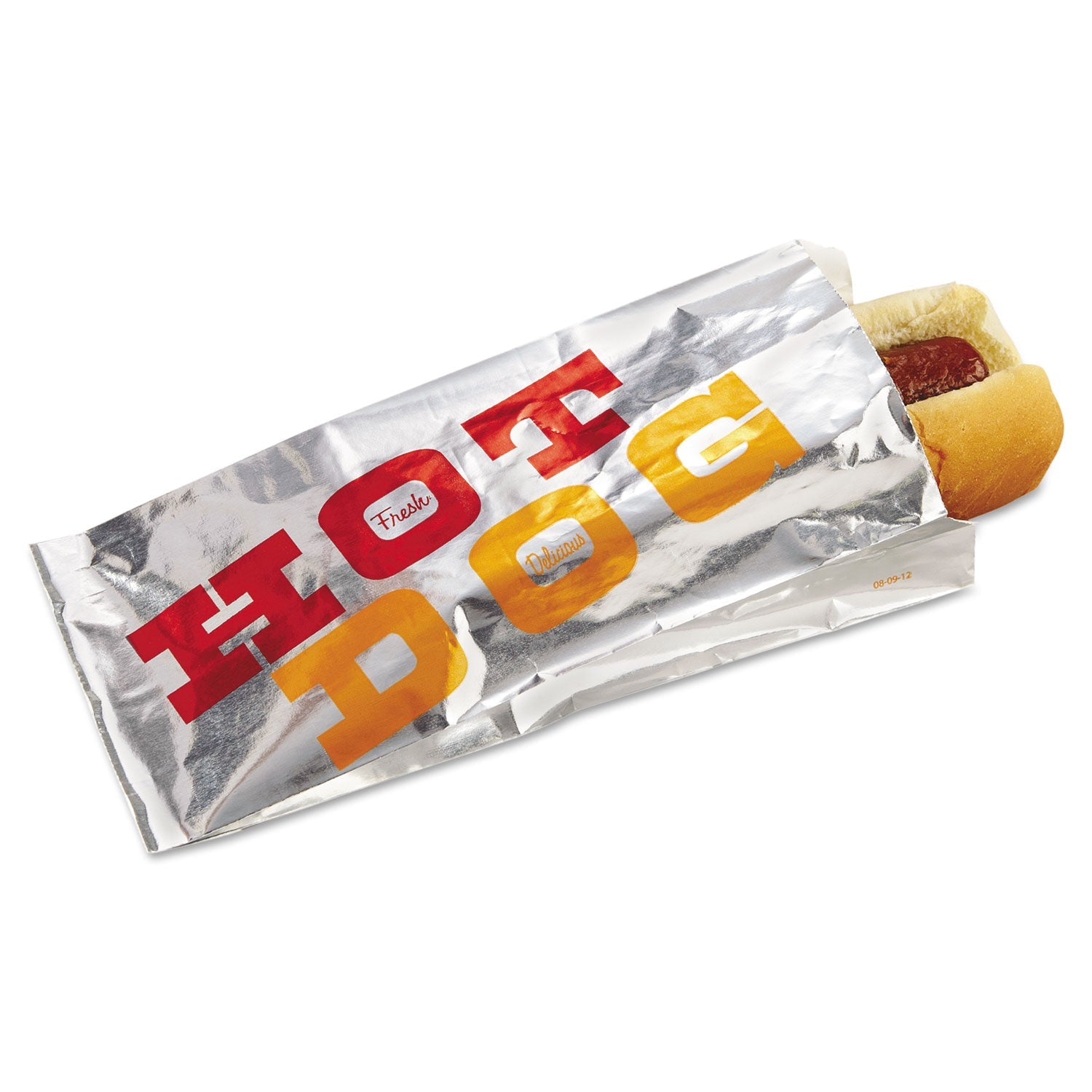 Bagcraft Foil Single-Serve Bags, Hot Dog Labeling, 3.5" x 1.5" x 8.5", Silver/Red/Orange, 1,000/Carton