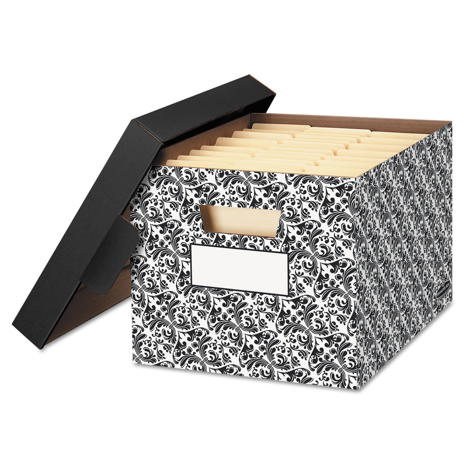 Bankers Box® Stor/file Decorative Medium-Duty Storage Box, Letter/legal Files, 12.5" X 16.25" X 10.5", Black/white Brocade Design, 4/ct
