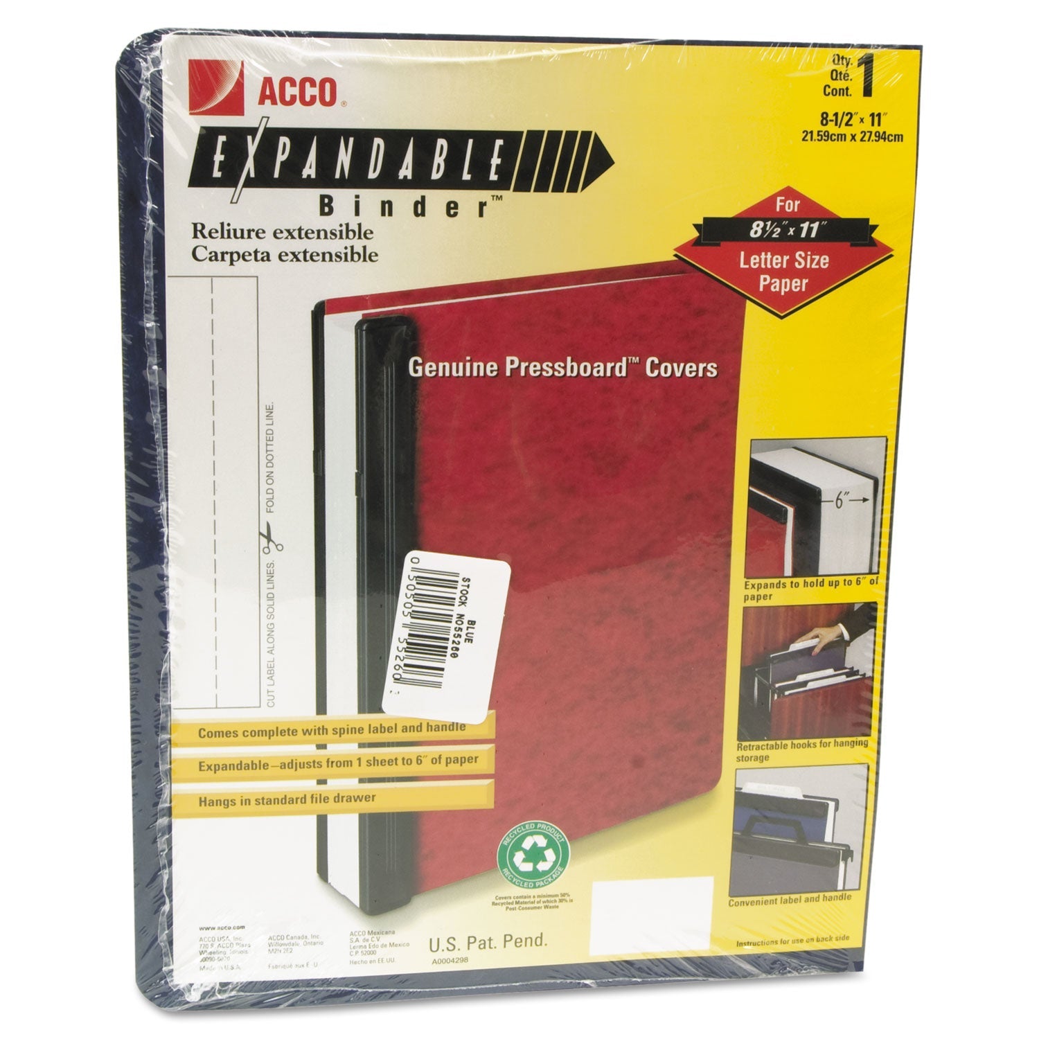 ACCO Expandable Hanging Data Binder, 2 Posts, 6" Capacity, 11 X 8.5, Blue