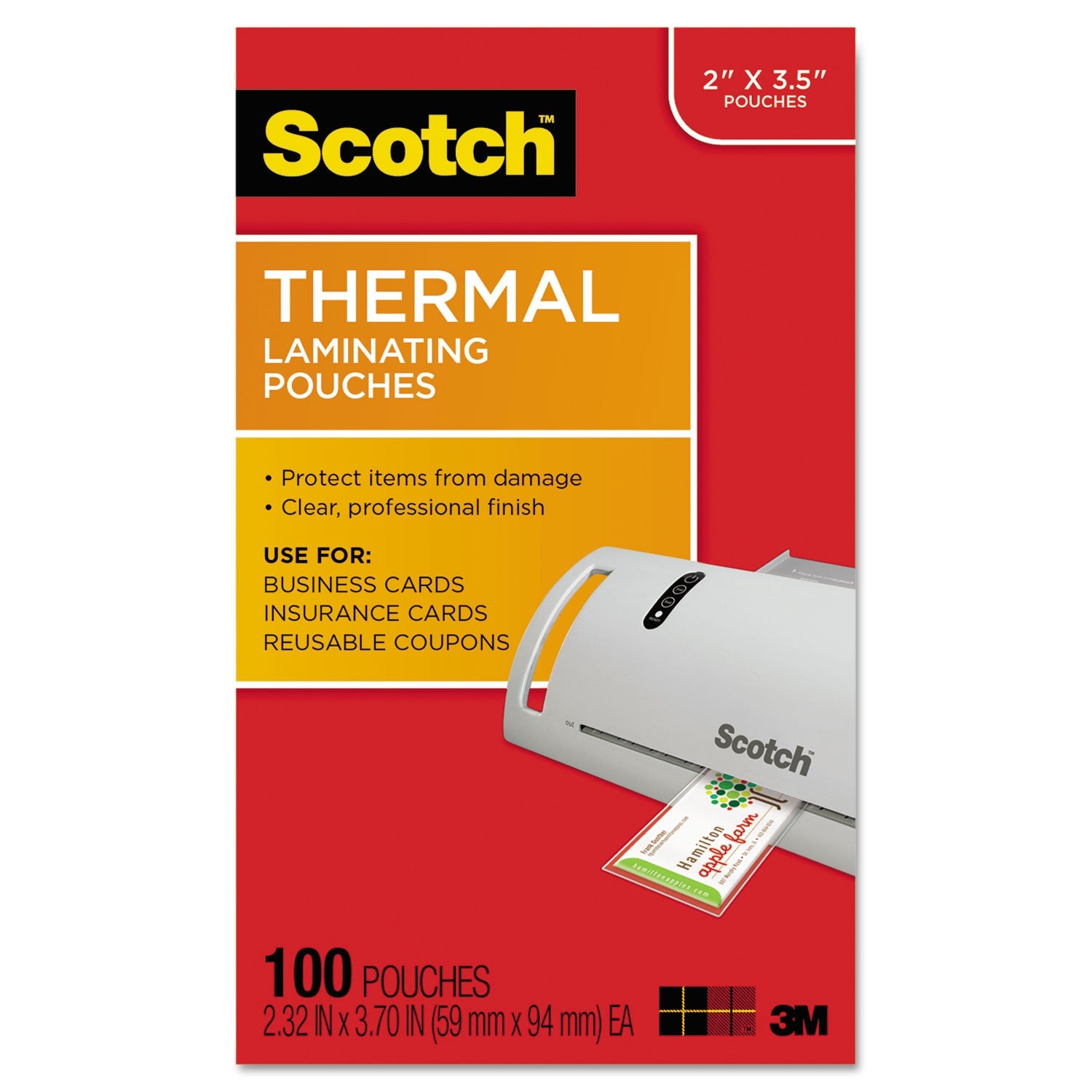 Scotch™ Laminating Pouches, 5 Mil, 3.75" X 2.38", Gloss Clear, 100/pack
