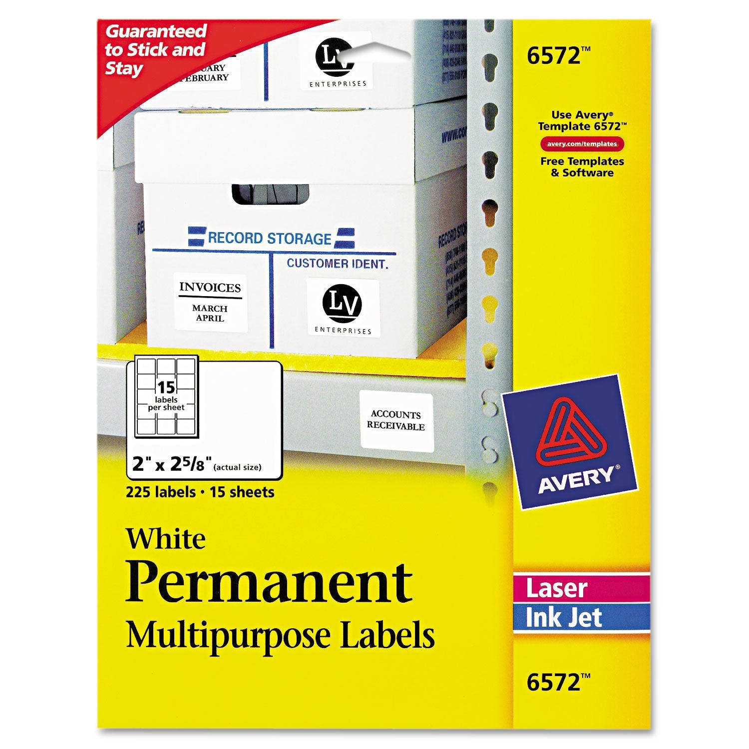 Avery® Permanent Id Labels W/ Sure Feed Technology, Inkjet/laser Printers, 2 X 2.63, White, 15/sheet, 15 Sheets/pack