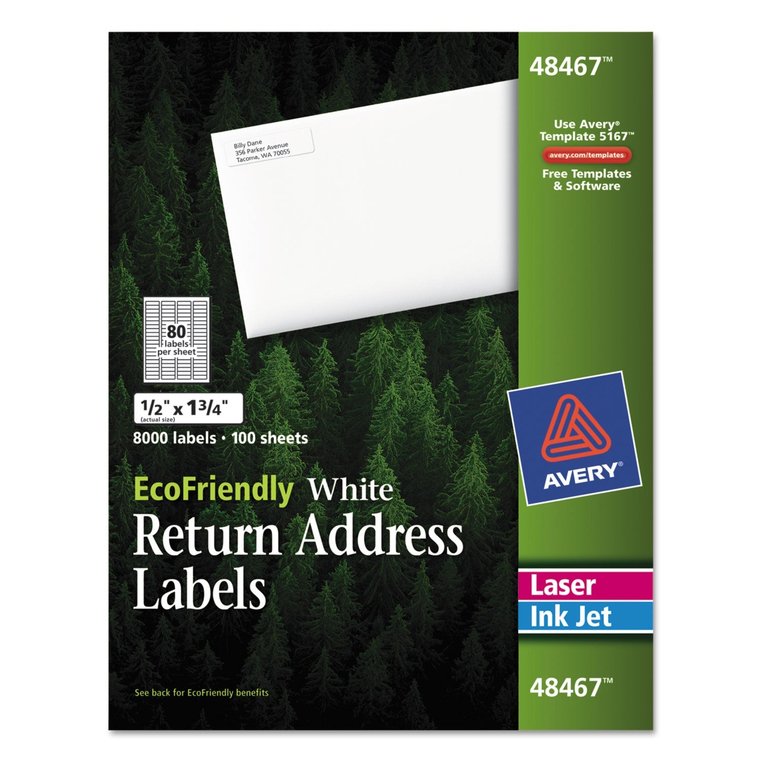 Avery® Ecofriendly Mailing Labels, Inkjet/laser Printers, 0.5 X 1.75, White, 80/sheet, 100 Sheets/pack