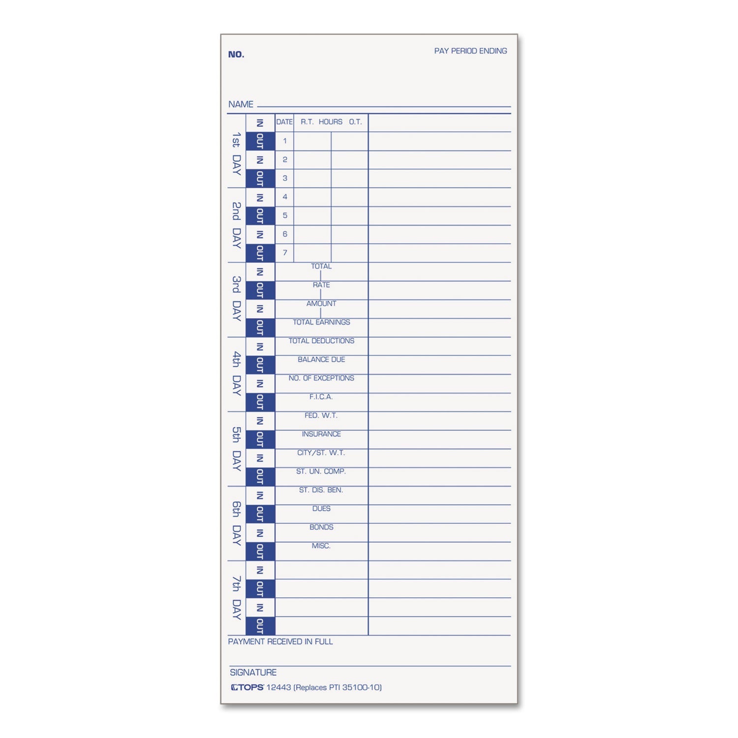 TOPS Time Clock Cards | Replacement For 35100-10