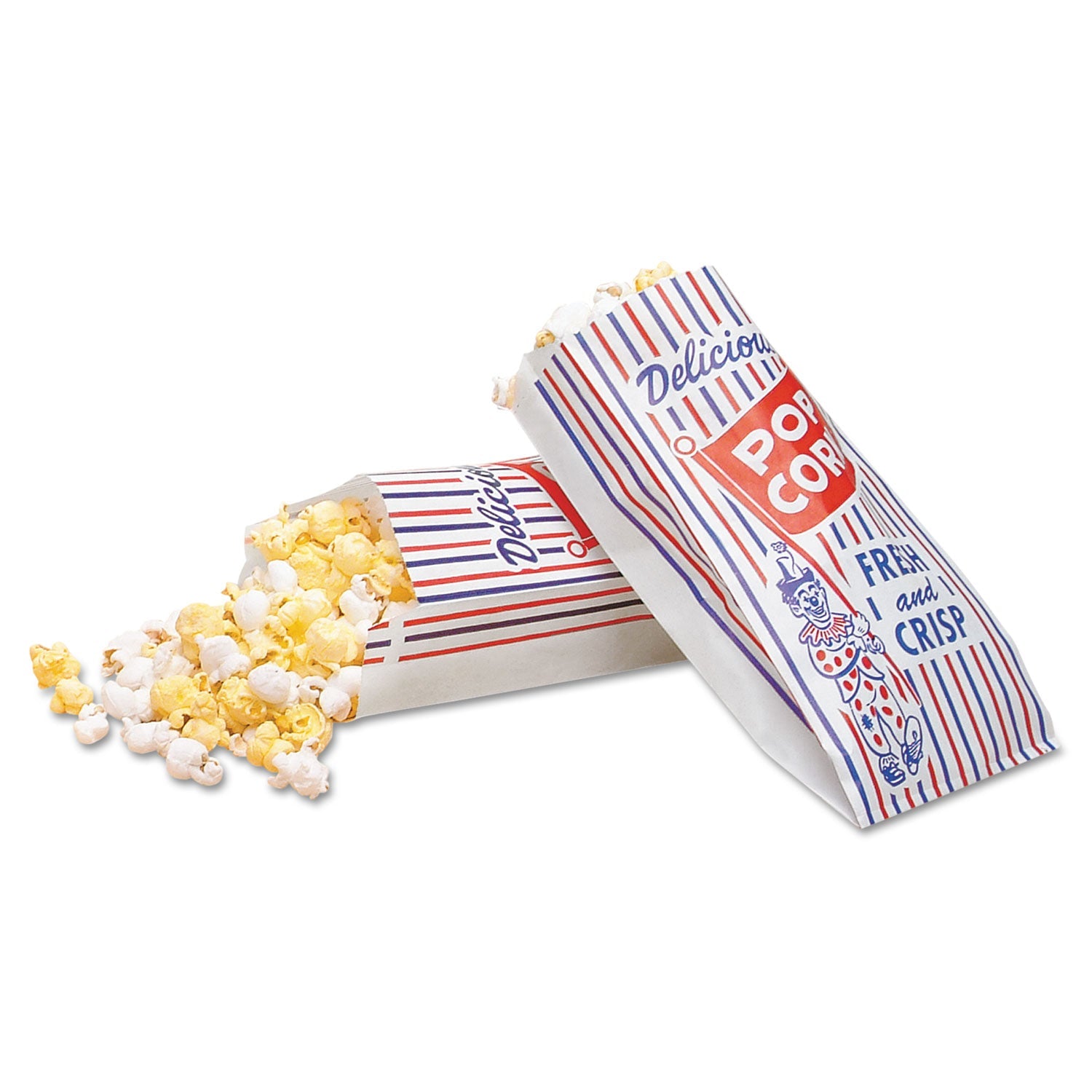 Bagcraft Pinch-Bottom Paper Popcorn Bag, Delicious Popcorn: Circus Clown Icon Labeling, 4" x 1.5" x 8", Red/White/Blue, 1,000/Carton