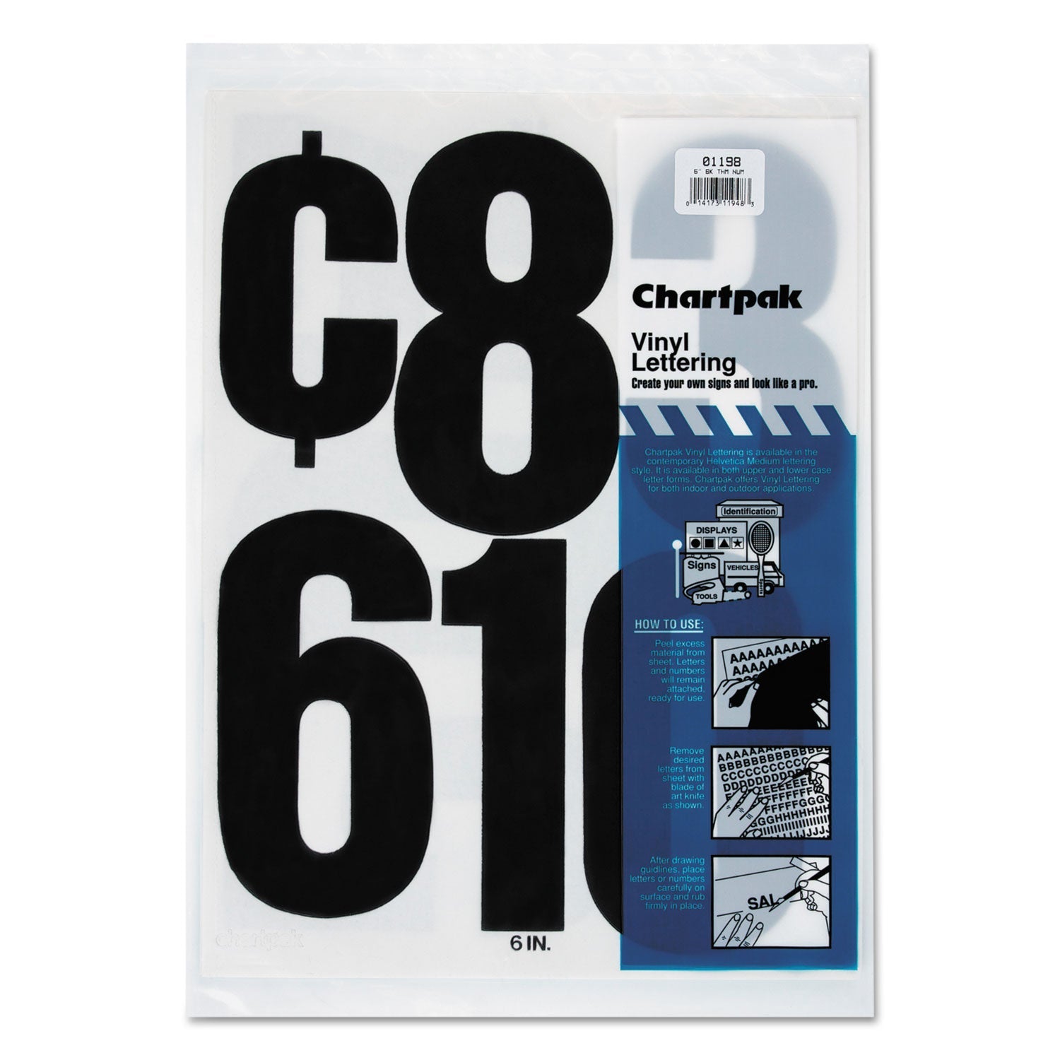 Chartpak® Press-On Vinyl Numbers, Self Adhesive, Black, 6"h, 21/pack