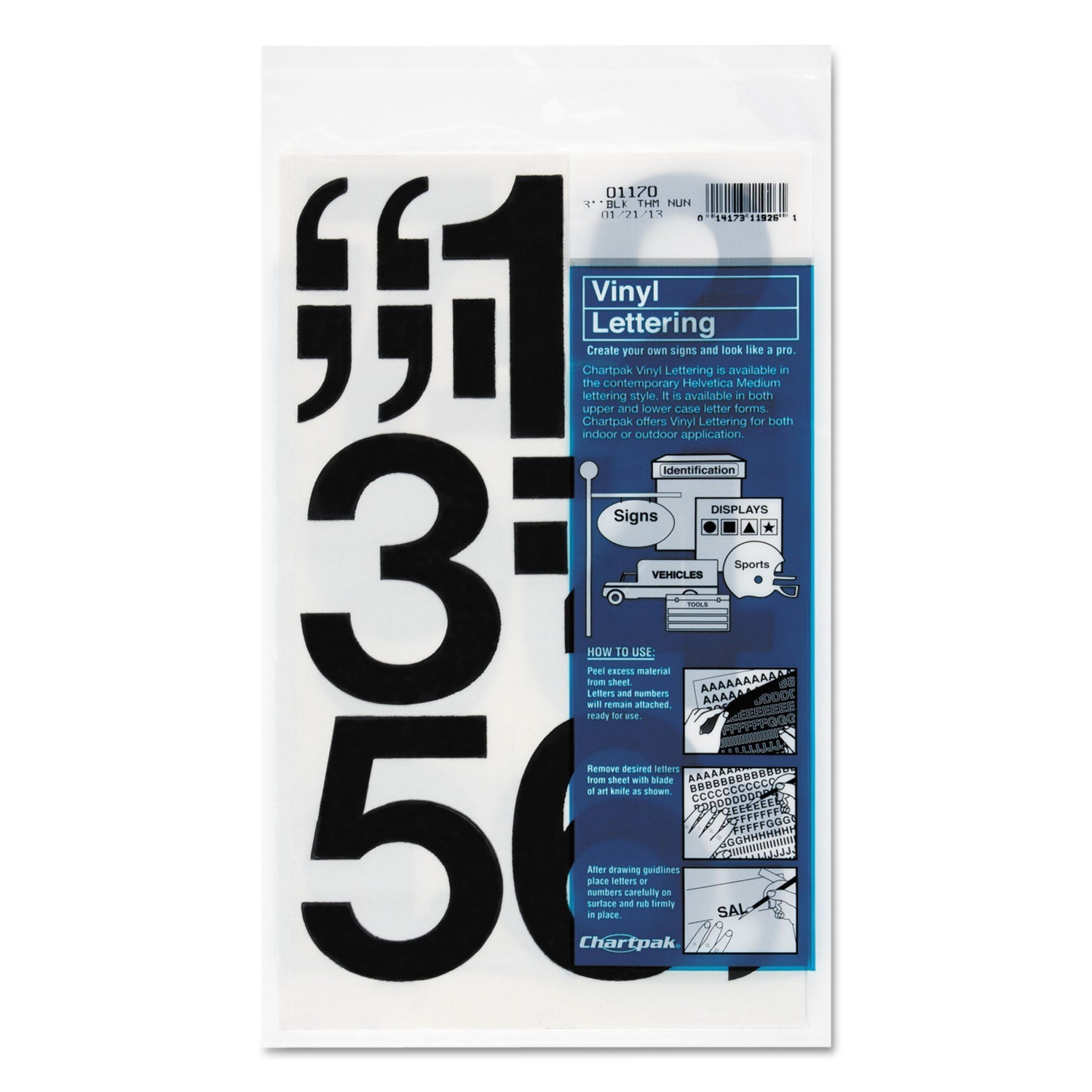 Chartpak® Press-On Vinyl Numbers, Self Adhesive, Black, 3"h, 10/pack