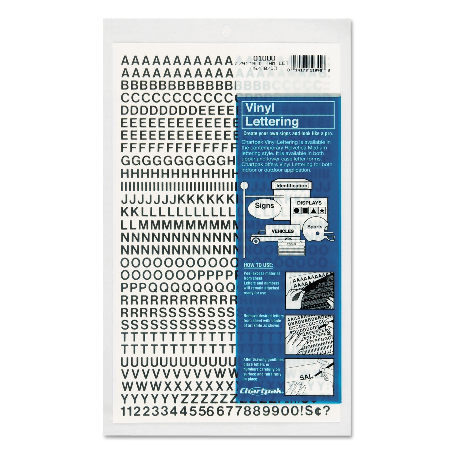 Chartpak® Press-On Vinyl Letters and Numbers, Self Adhesive, Black, 0.25"h, 610/Pack