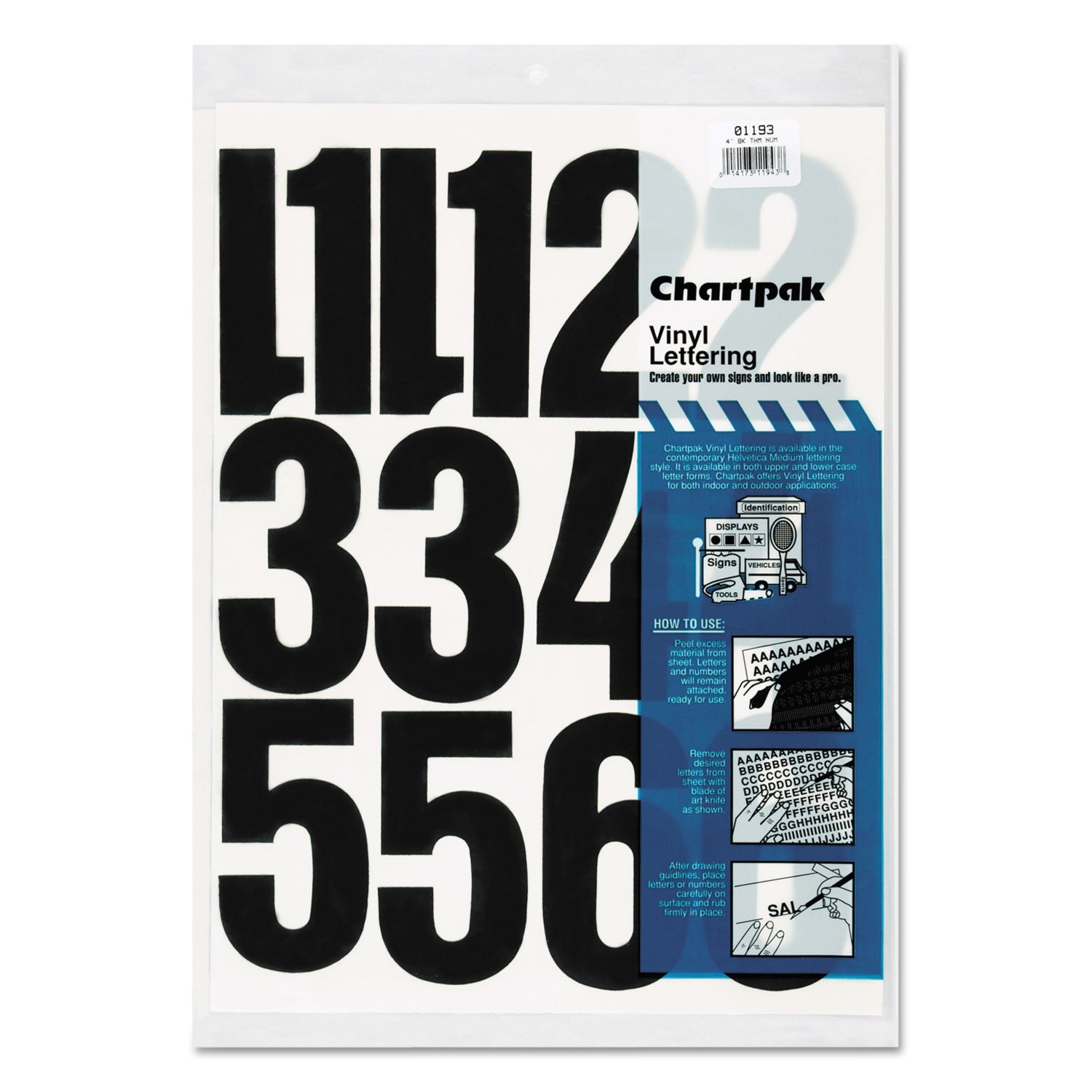 Chartpak® Press-On Vinyl Numbers, Self Adhesive, Black, 4"h, 23/pack