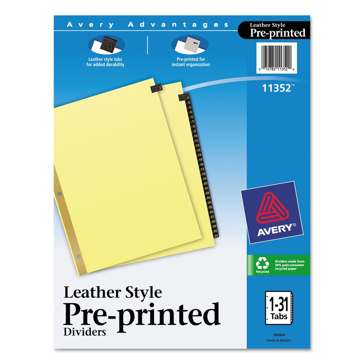 Avery® Preprinted Black Leather Tab Dividers w/Gold Reinforced Edge, 31-Tab, 1 to 31, 11 x 8.5, Buff, 1 Set