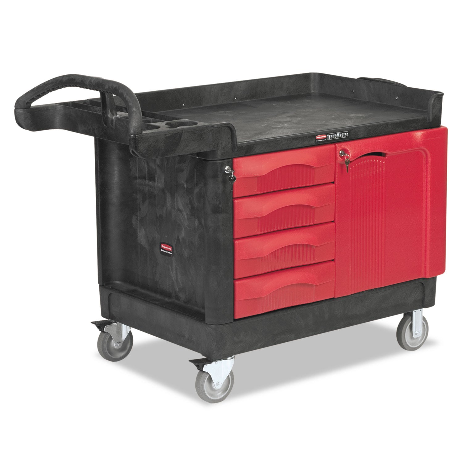 Rubbermaid® Commercial TradeMaster Cart with One Door, Plastic, 3 Shelves, 4 Drawers, 750 lb Capacity, 26.25" x 49" x 38", Black