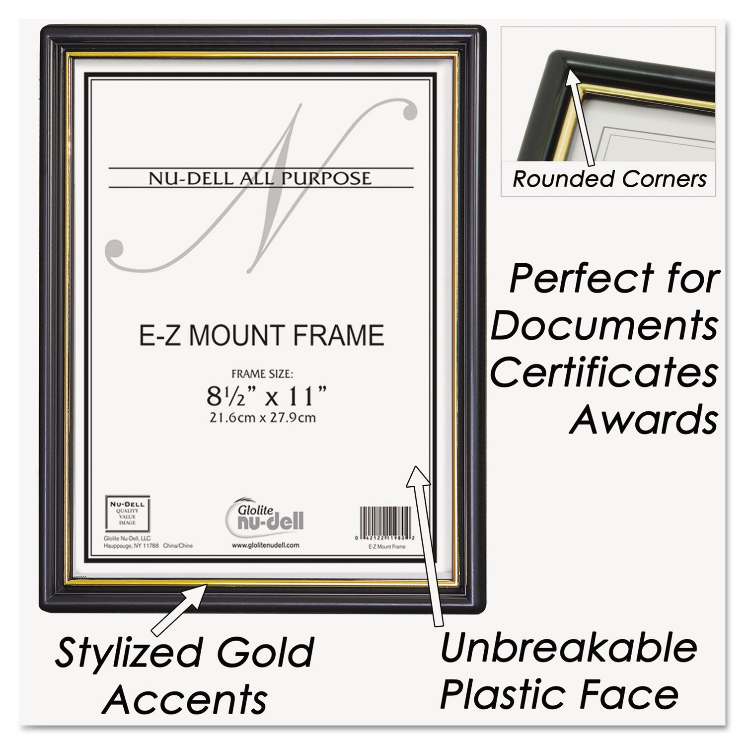 NuDell™ Ez Mount Document Frame With Trim Accent And Plastic Face, Plastic, 8.5 X 11 Insert, Black/gold