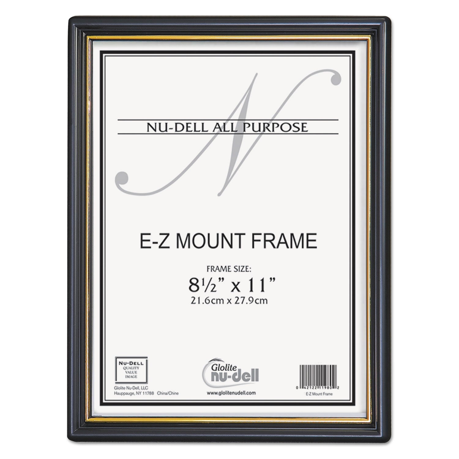 NuDell™ Ez Mount Document Frame With Trim Accent And Plastic Face, Plastic, 8.5 X 11 Insert, Black/gold