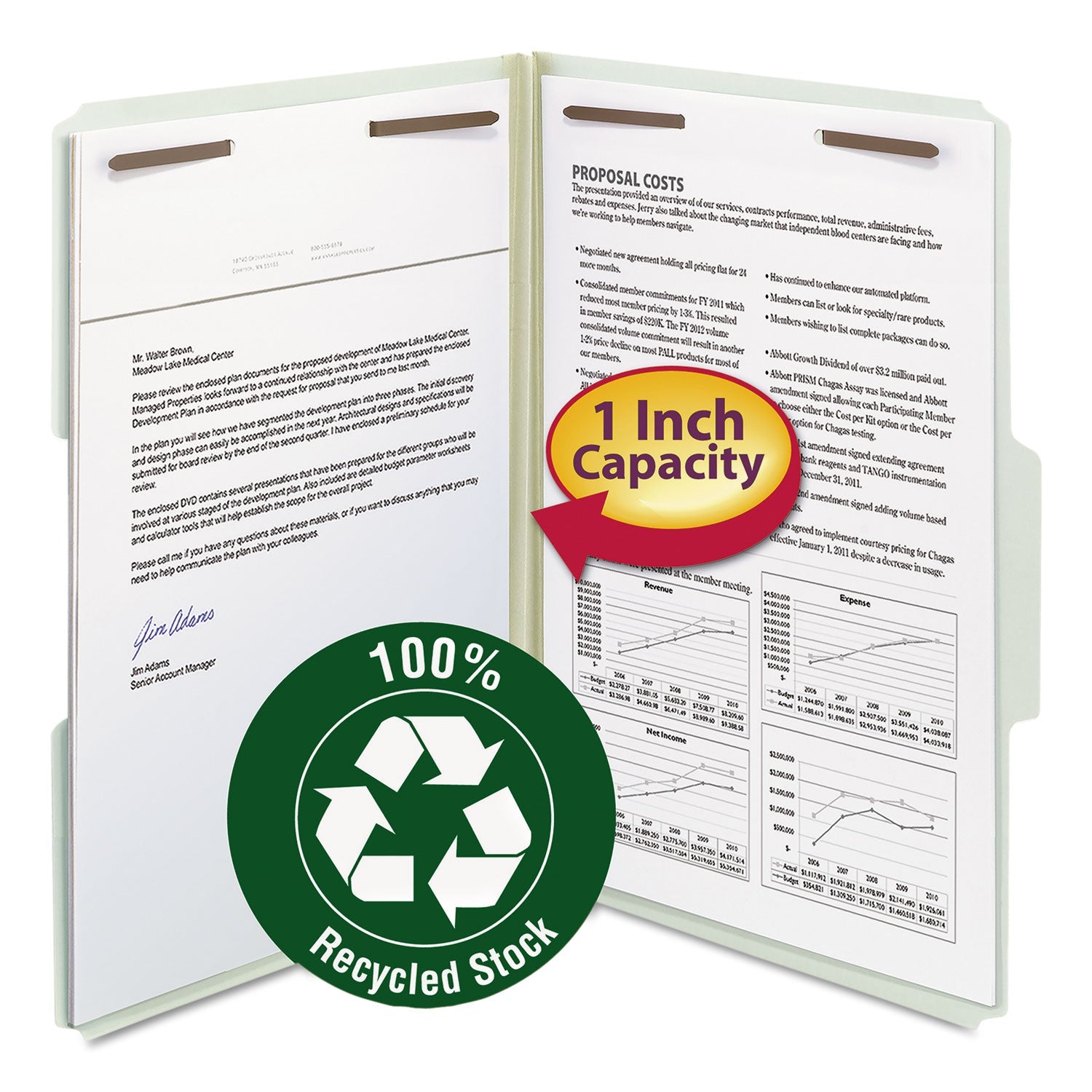 Smead Recycled Pressboard Fastener Folders, 1" Expansion, 2 Fasteners, Legal Size, Gray-Green Exterior, 25/Box