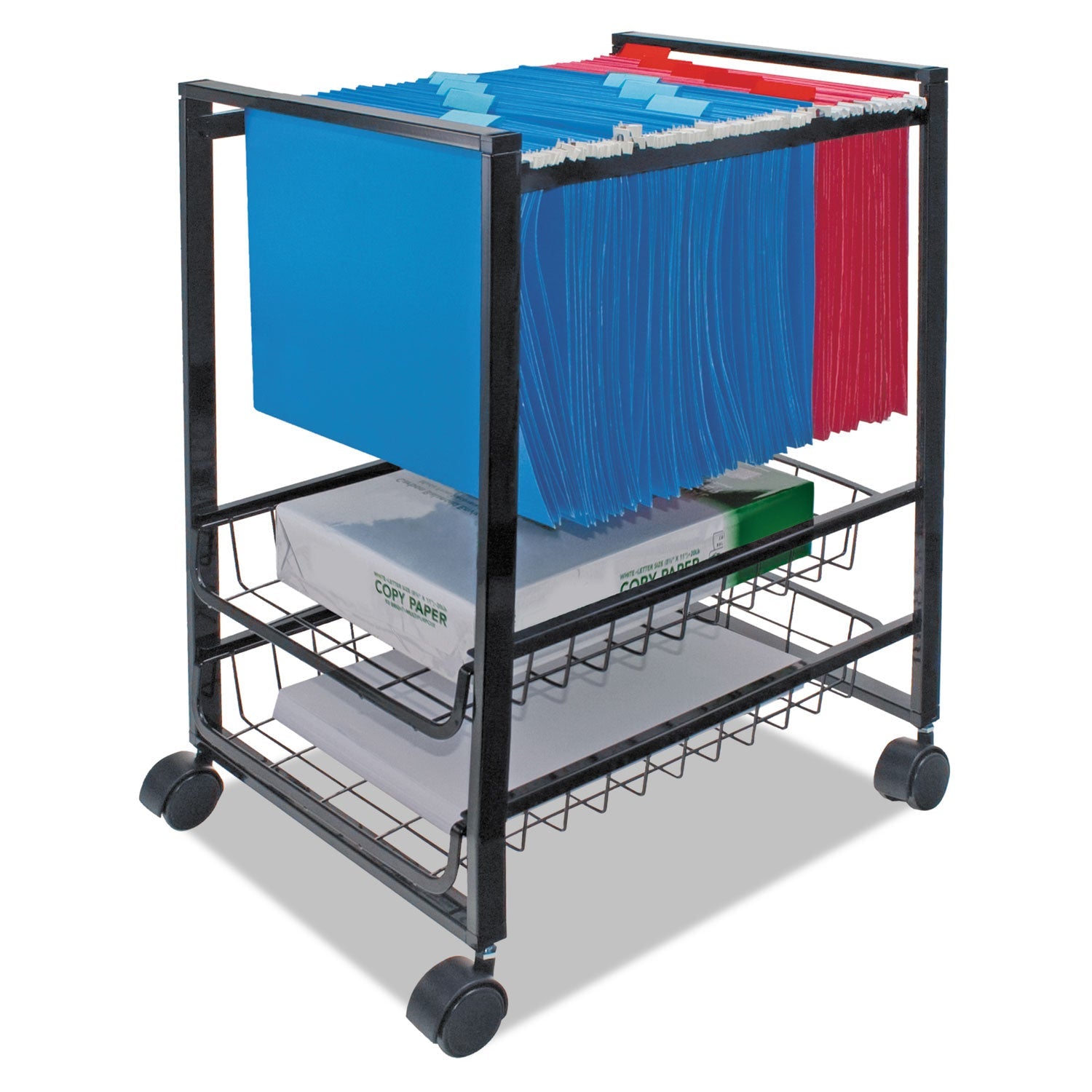 Advantus Mobile File Cart with Sliding Baskets, Metal, 2 Drawers, 1 Bin, 12.88" x 15" x 21.13", Black
