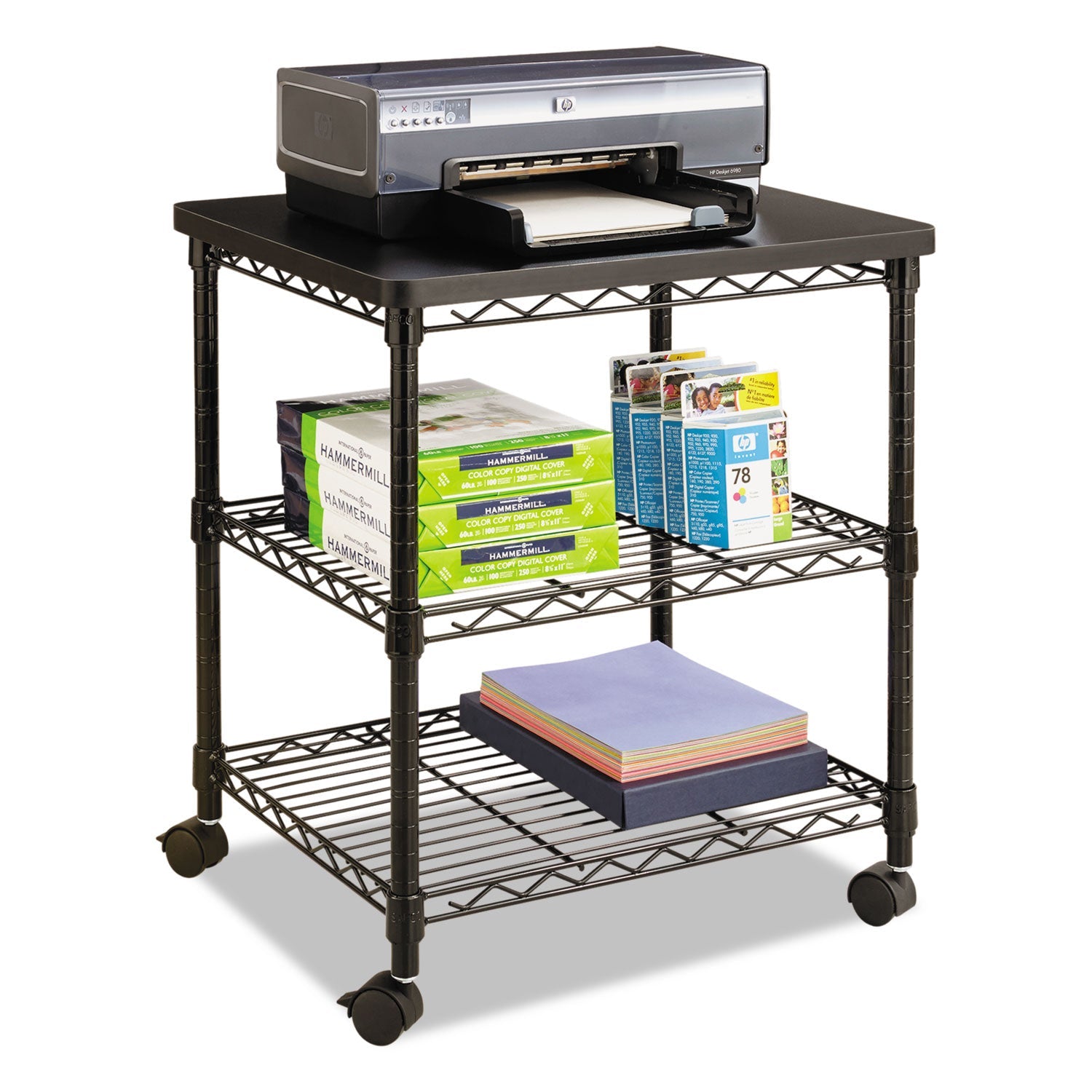 Safco® Desk Side Wire Machine Stand, Metal, 3 Shelves, 200 lb Capacity, 24" x 20" x 27", Black