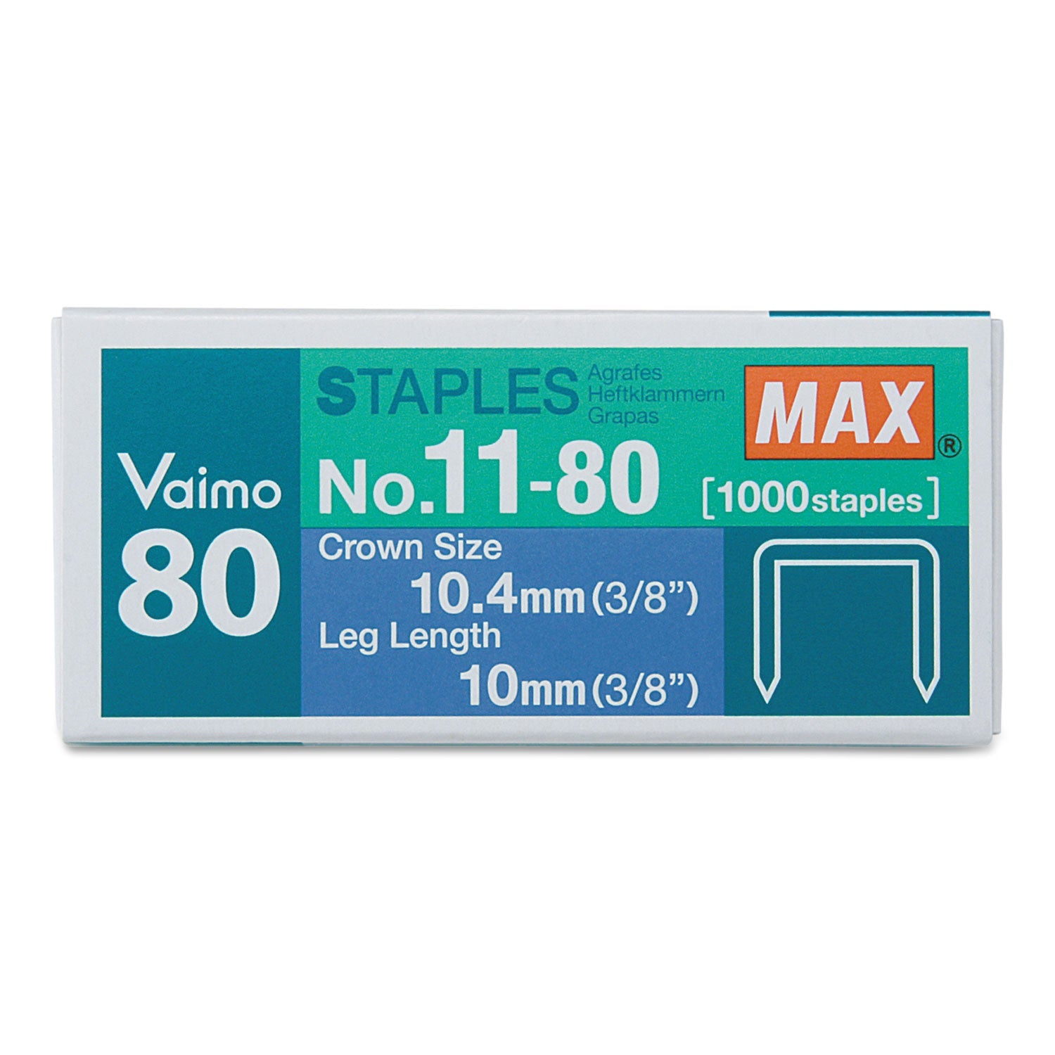 MAX Vaimo 11 Staples, 0.38" Leg, 0.5" Crown, Steel, 1,000/box