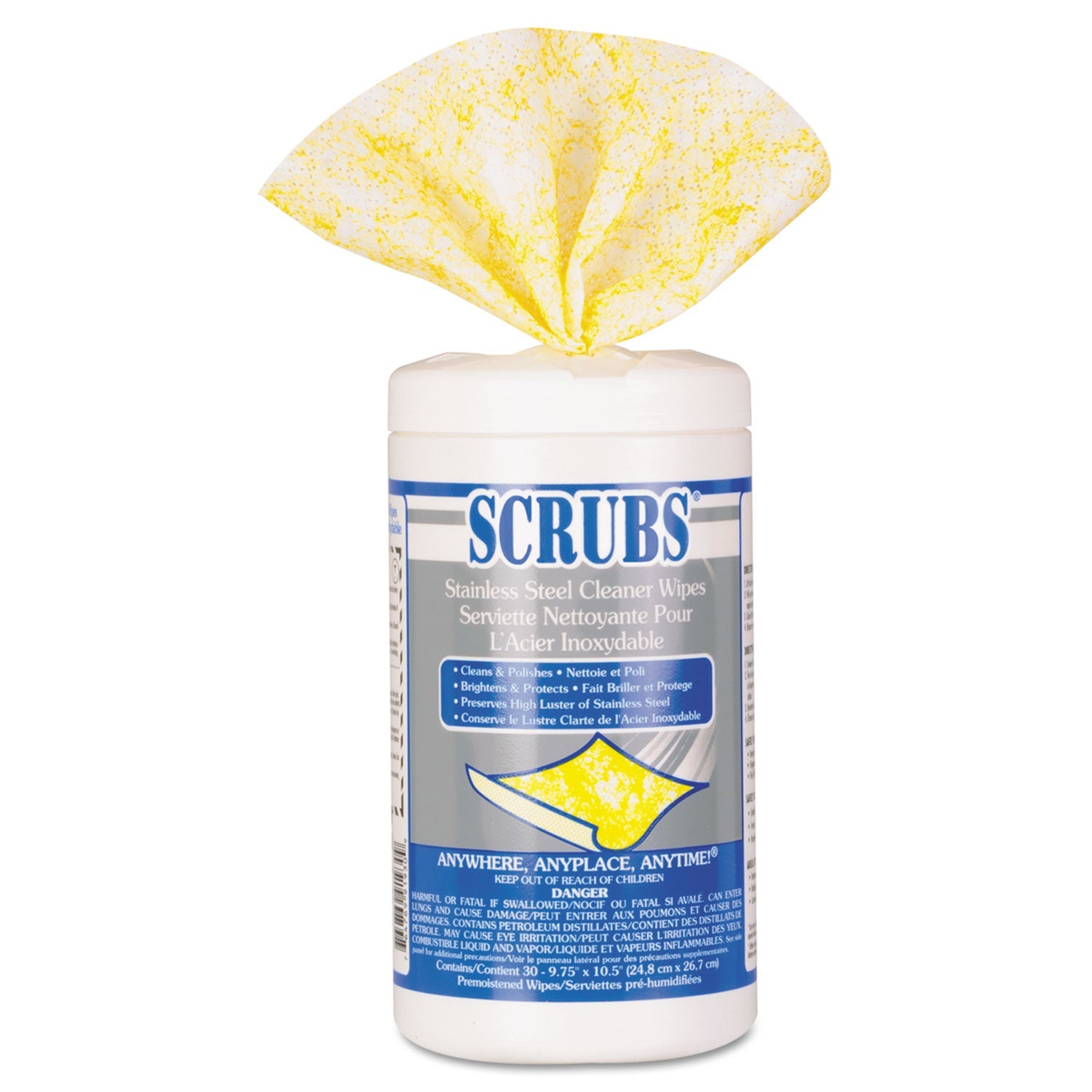 SCRUBS® Stainless Steel Cleaner Towels, 1-Ply, 9.75 x 10.5, Lemon Scent, 30/Canister