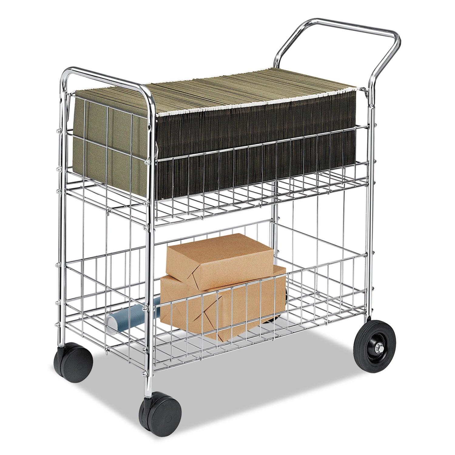 Fellowes® Wire Mail Cart, Metal, 2 Bins, 21.5" x 37.5" x 39.5", Chrome