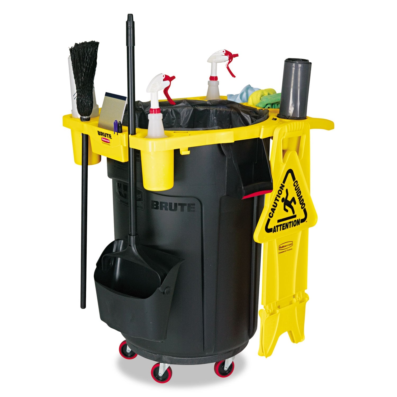 Rubbermaid® Commercial BRUTE Standard Brute Rim Caddy, Four Compartments, Fits 32.5" Diameter Cans, 26.5 x 6.75, Yellow