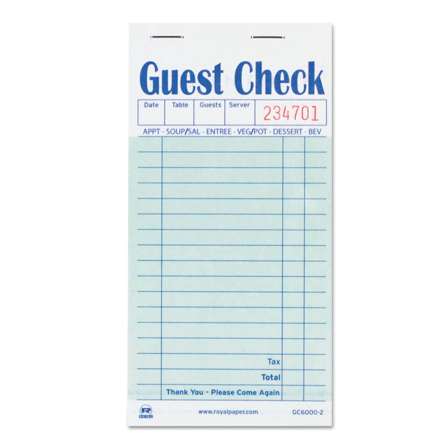 AmerCareRoyal® Guest Check Pad, 17 Lines, Two-Part Carbon, 3.5 x 6.7, 50 Forms/Pad, 50 Pads/Carton