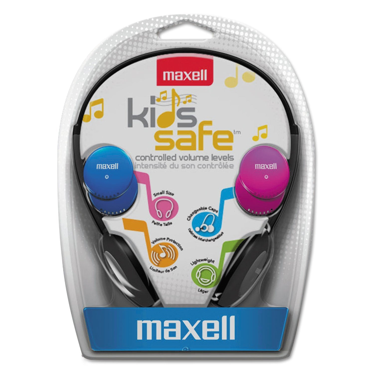 Maxell® Kids Safe Headphones, 4 ft Cord, Black with Interchangeable Pink/Blue/Silver Caps