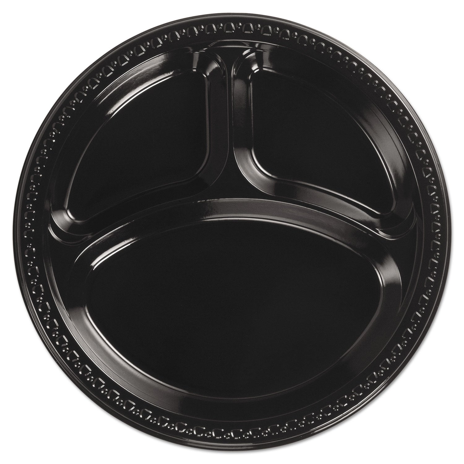 Chinet® Heavyweight Plastic 3-Compartment Plates, 10.25" dia, Black, 125/Pack, 4 Packs/Carton