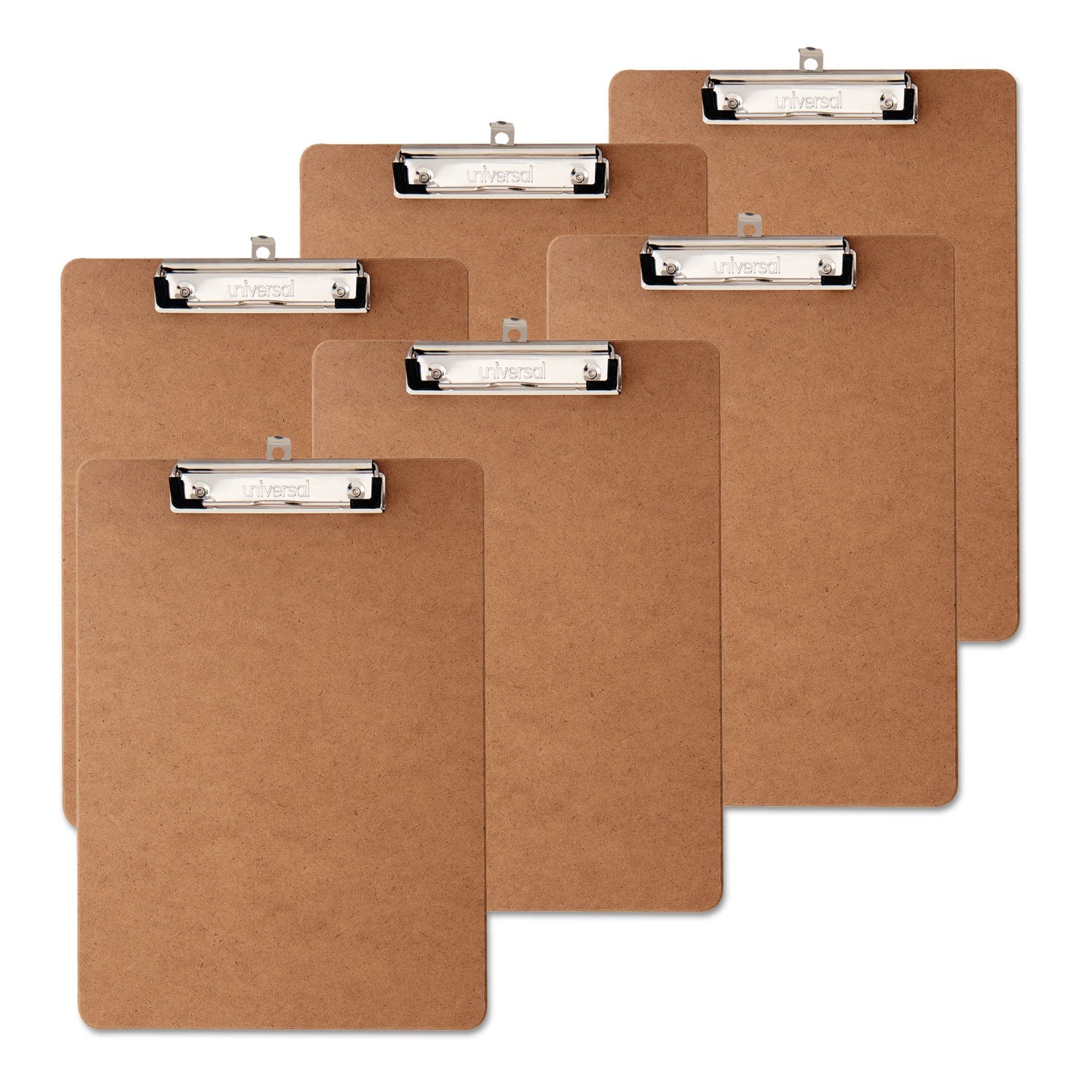 Universal® Hardboard Clipboard with Low-Profile Clip, 0.5" Clip Capacity, Holds 8.5 x 11 Sheets, Brown, 6/Pack