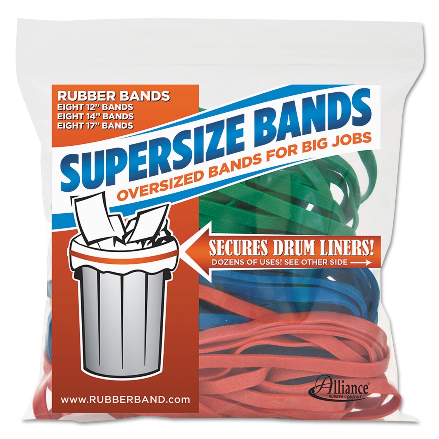 Alliance® SuperSize Bands, 0.25" Wide, Assorted Lengths (12", 14" and 17"), 4,060 psi Max Elasticity, Assorted Colors, 24/Pack