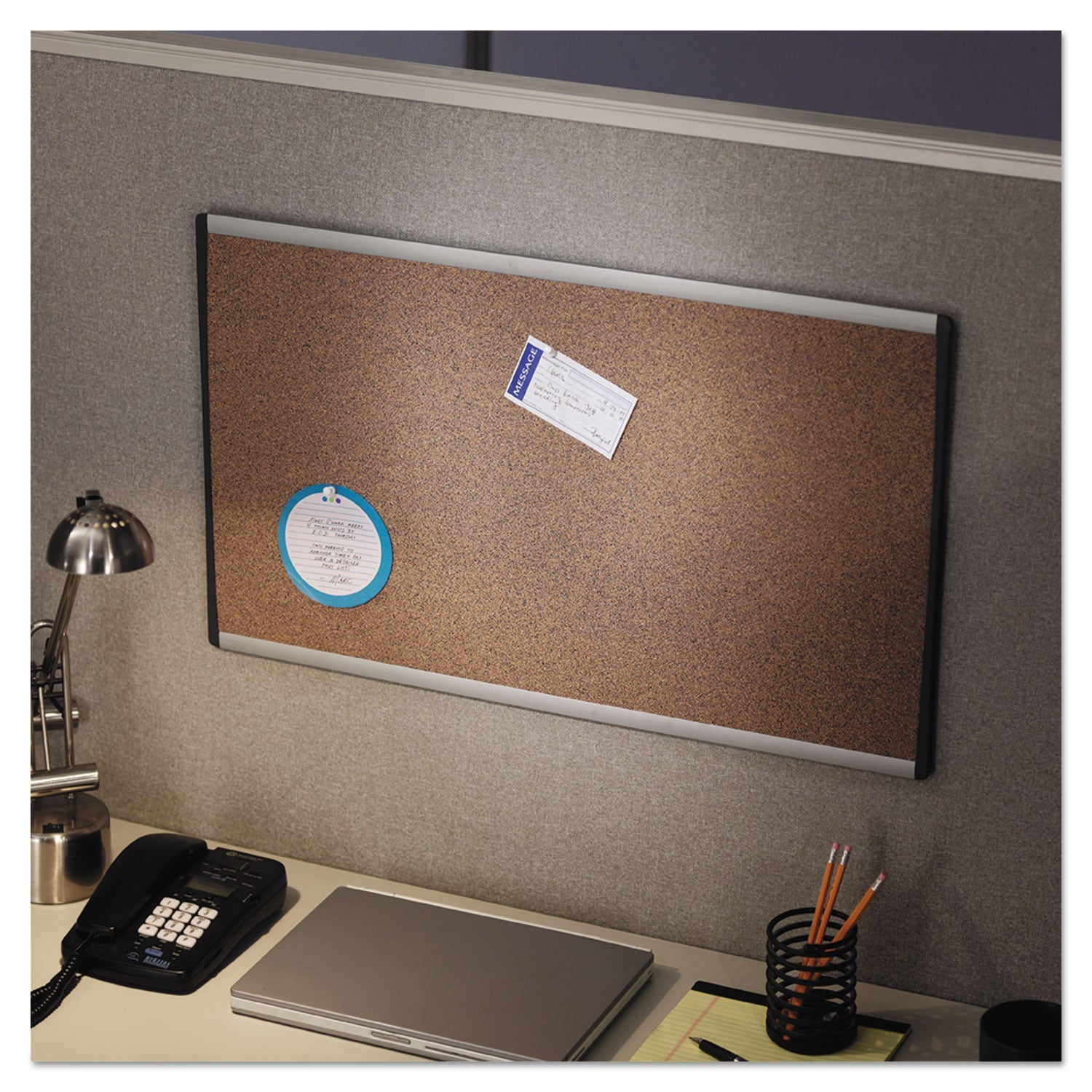 Quartet® ARC Frame Cubicle Board, Cork Bulletin, 30" x 18", Tan Surface, Satin Aluminum Frame