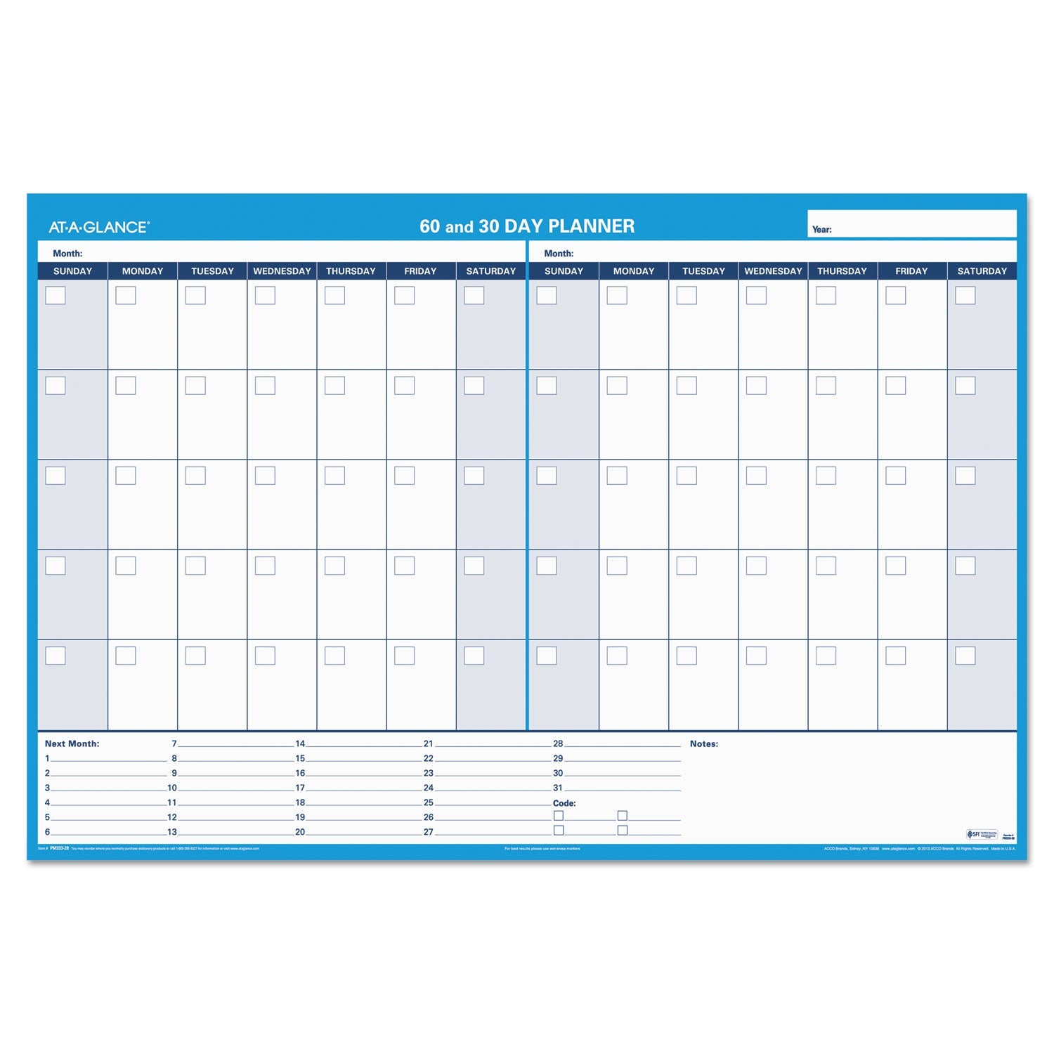 AT-A-GLANCE® 30/60-Day Undated Horizontal Erasable Wall Planner, 48 X 32, White/blue Sheets, Undated
