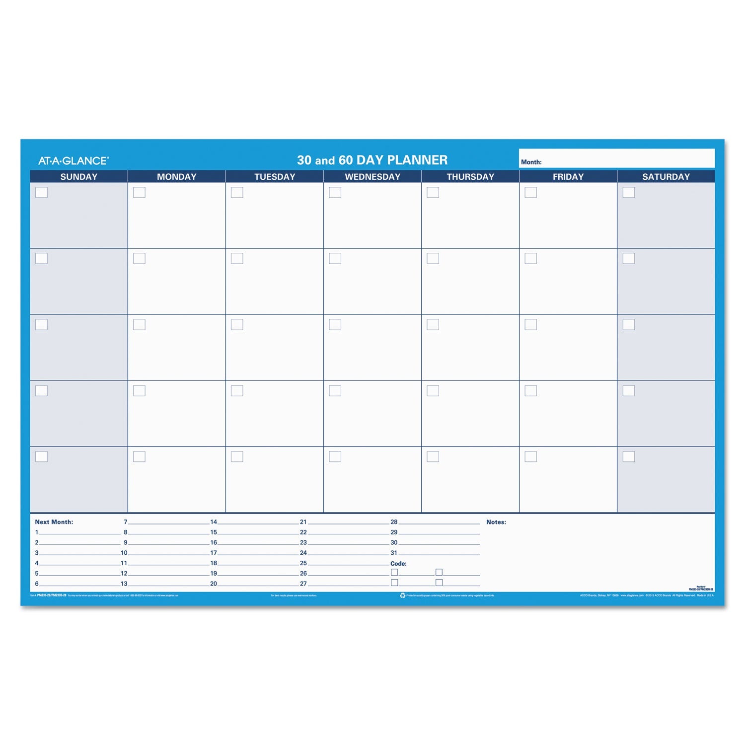 AT-A-GLANCE® 30/60-Day Undated Horizontal Erasable Wall Planner, 36 X 24, White/blue Sheets, Undated