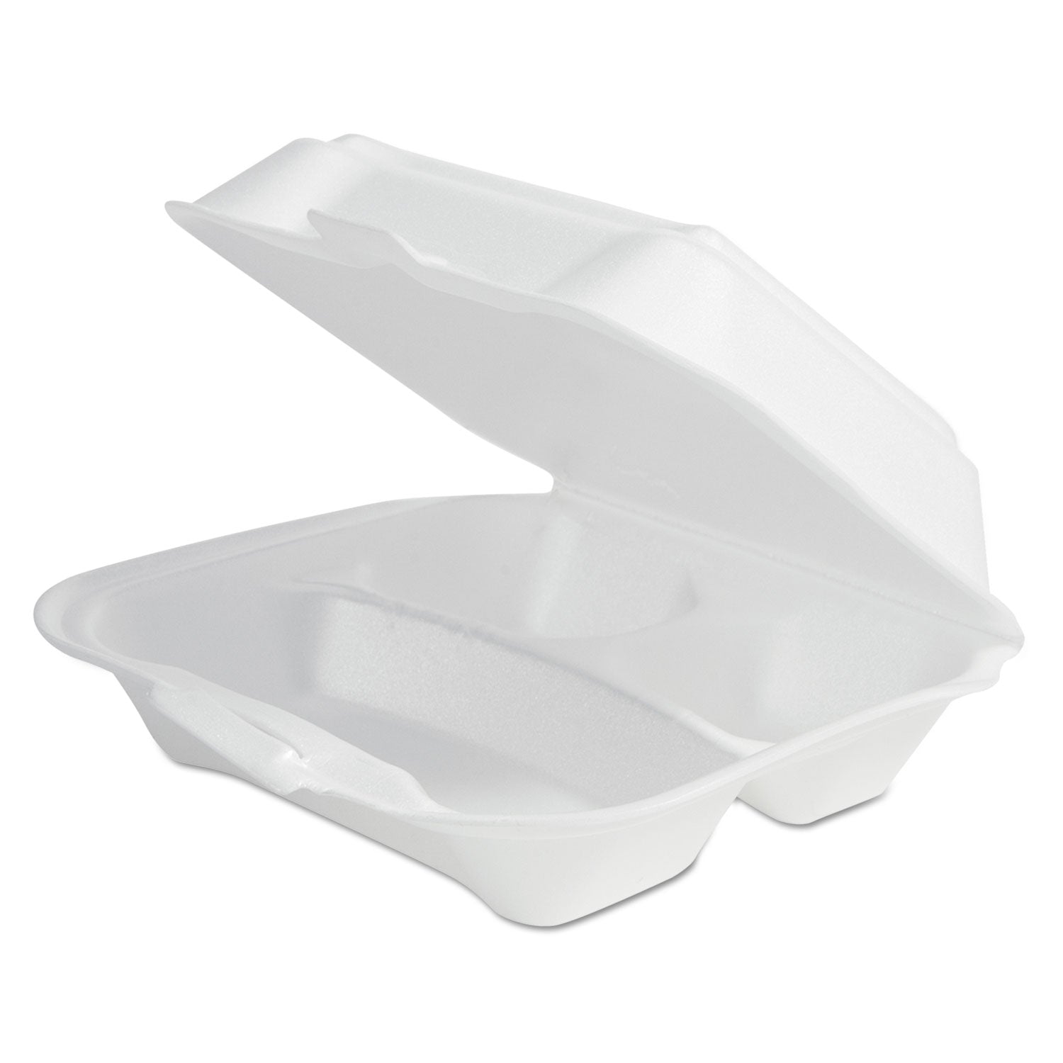 Plastifar Foam Hinged Lid Container Secure One Tab Latch, 3 Compartments, 7.81 x 8.75 x 3.38, White, 100/Sleeve, 2 Sleeves/Bag - Bloom Skins