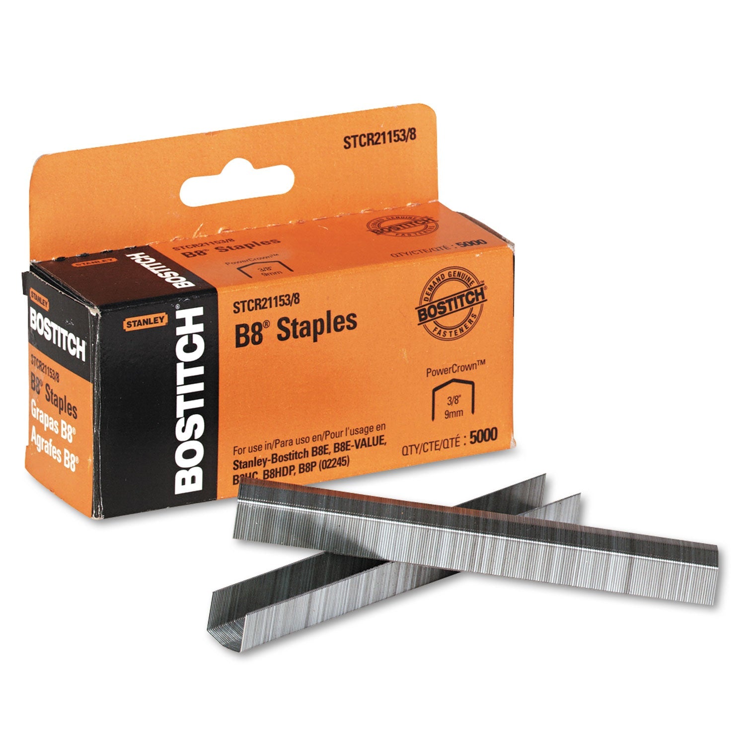 Bostitch® B8 Powercrown Premium Staples, 0.38" Leg, 0.5" Crown, Steel, 5,000/box