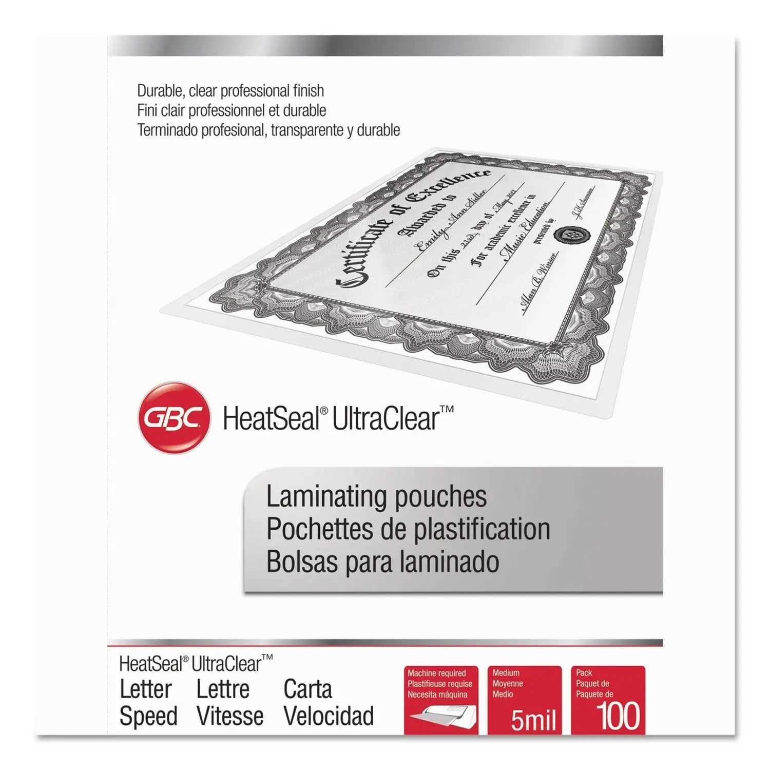 GBC® Ultraclear Thermal Laminating Pouches, 5 Mil, 9" X 11.5", Gloss Clear, 100/box