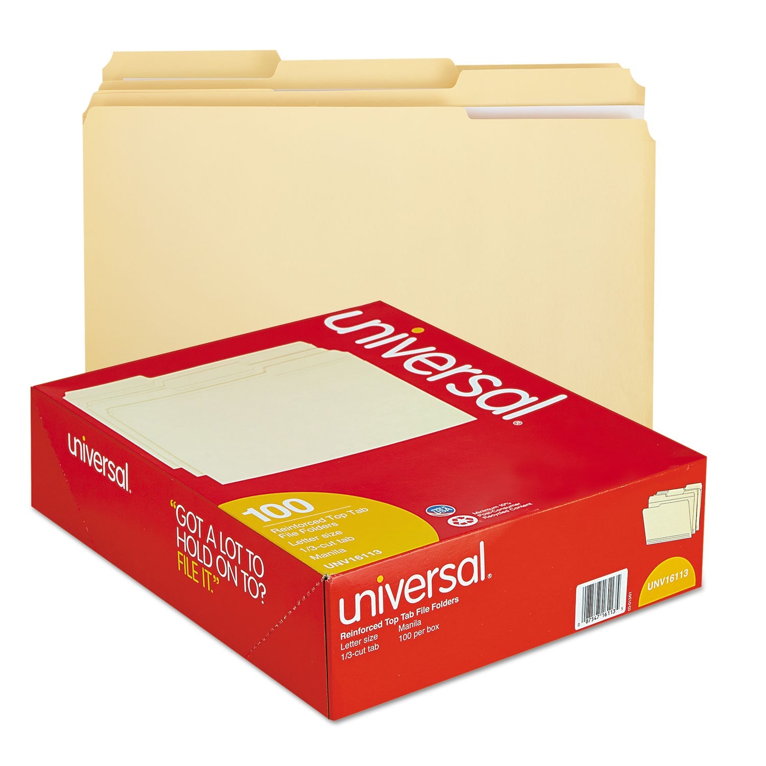 Universal® Double-Ply Top Tab Manila File Folders, 1/3-Cut Tabs: Assorted, Letter Size, 0.75" Expansion, Manila, 100/Box