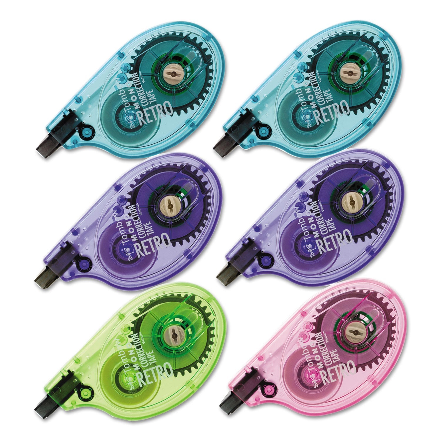 Tombow® MONO Original Correction Tape, Assortedt RetroColor Applicators, 0.17" x 394", 6/Box