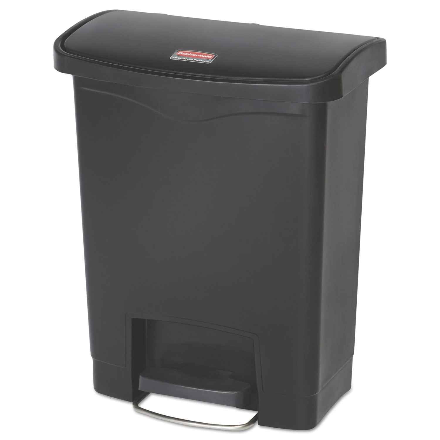 Rubbermaid® Commercial Slim Jim Streamline Resin Step-On Container, Front Step Style, 8 gal, Polyethylene, Black