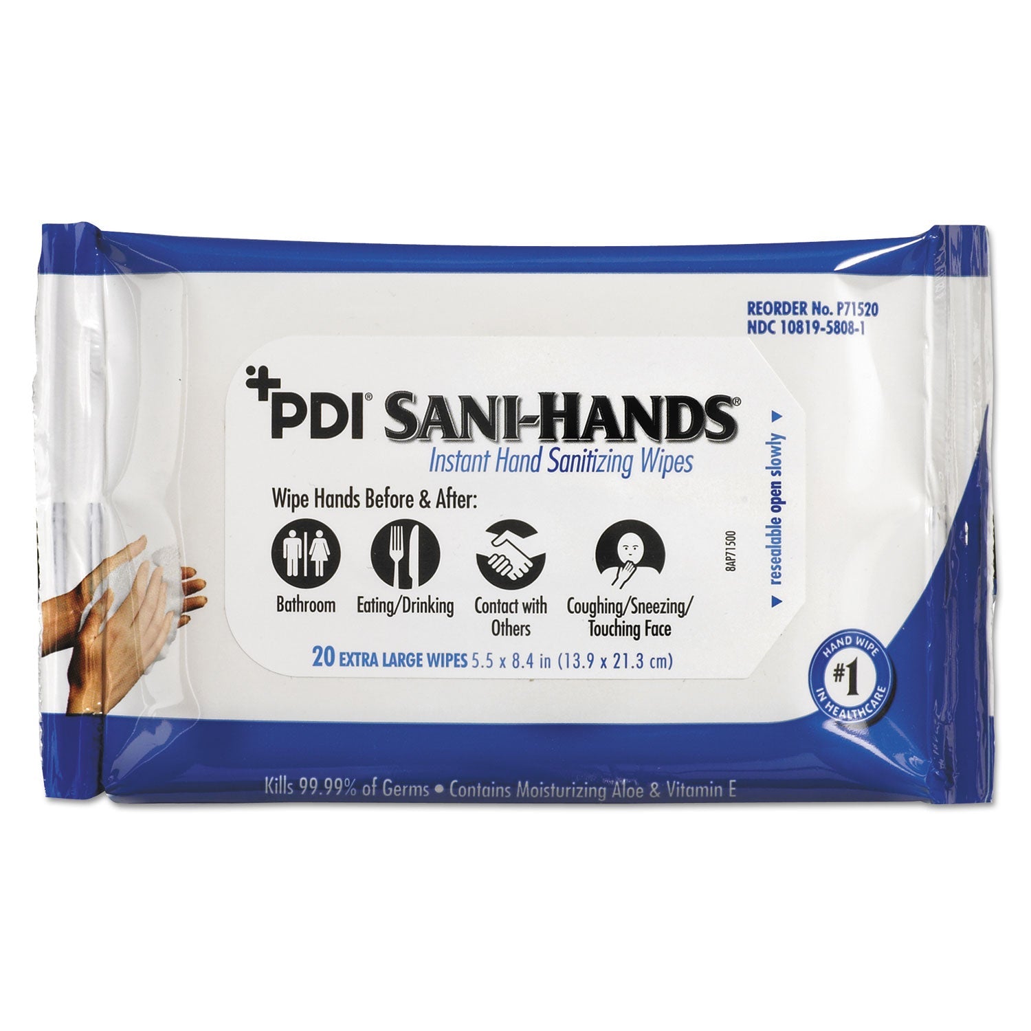 Sani Professional® PDI Sani-Hands Instant Hand Sanitizing Wipes, 1-Ply, 5.5 x 8.4, White, 20/Pack, 48 Packs/Carton