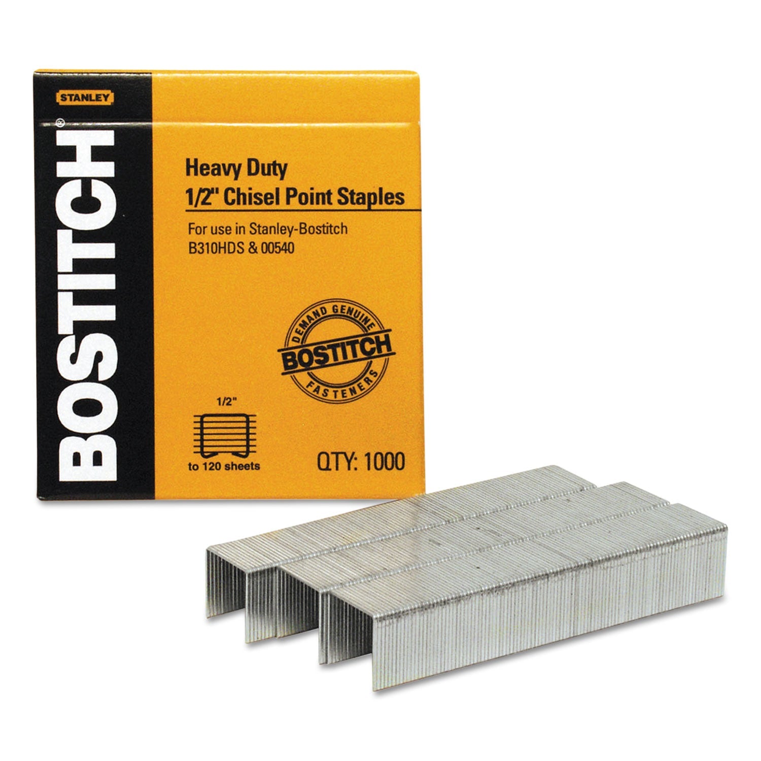 Bostitch® Heavy-Duty Premium Staples, 0.5" Leg, 0.5" Crown, Steel, 1,000/box
