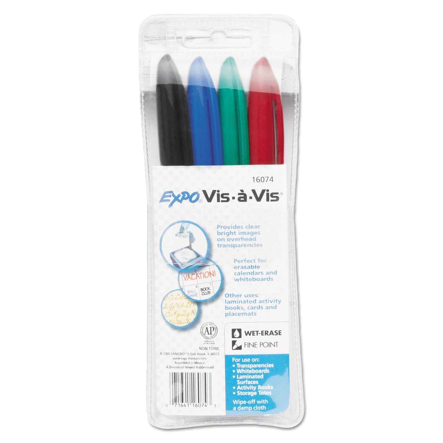 EXPO® Vis-a-Vis Wet Erase Marker, Fine Bullet Tip, Assorted Colors, 4/Set
