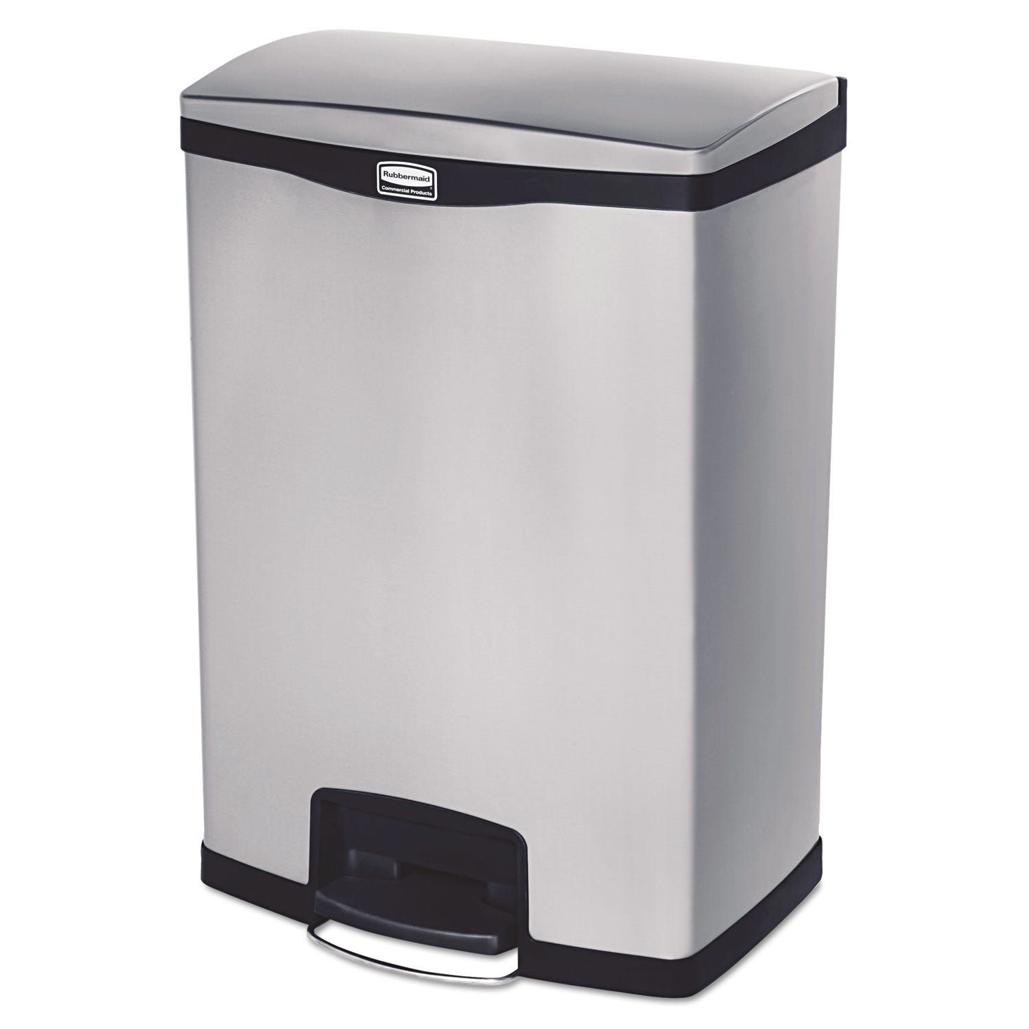 Rubbermaid® Commercial Slim Jim Stainless Steel Step-On Container, Front Step Style, 24 gal, Stainless Steel, Black