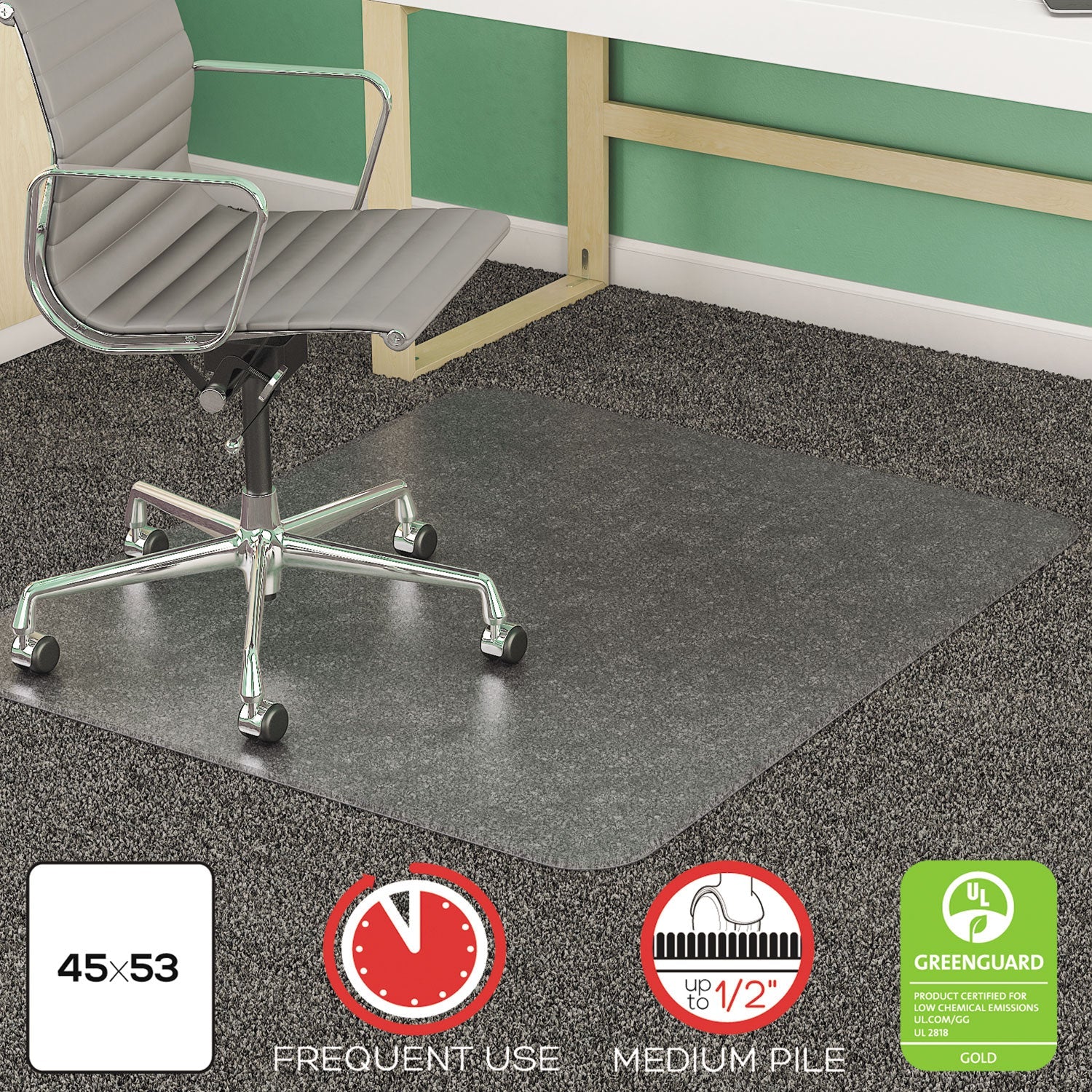deflecto® Supermat Frequent Use Chair Mat, Med Pile Carpet, 45 X 53, Beveled Rectangle, Clear