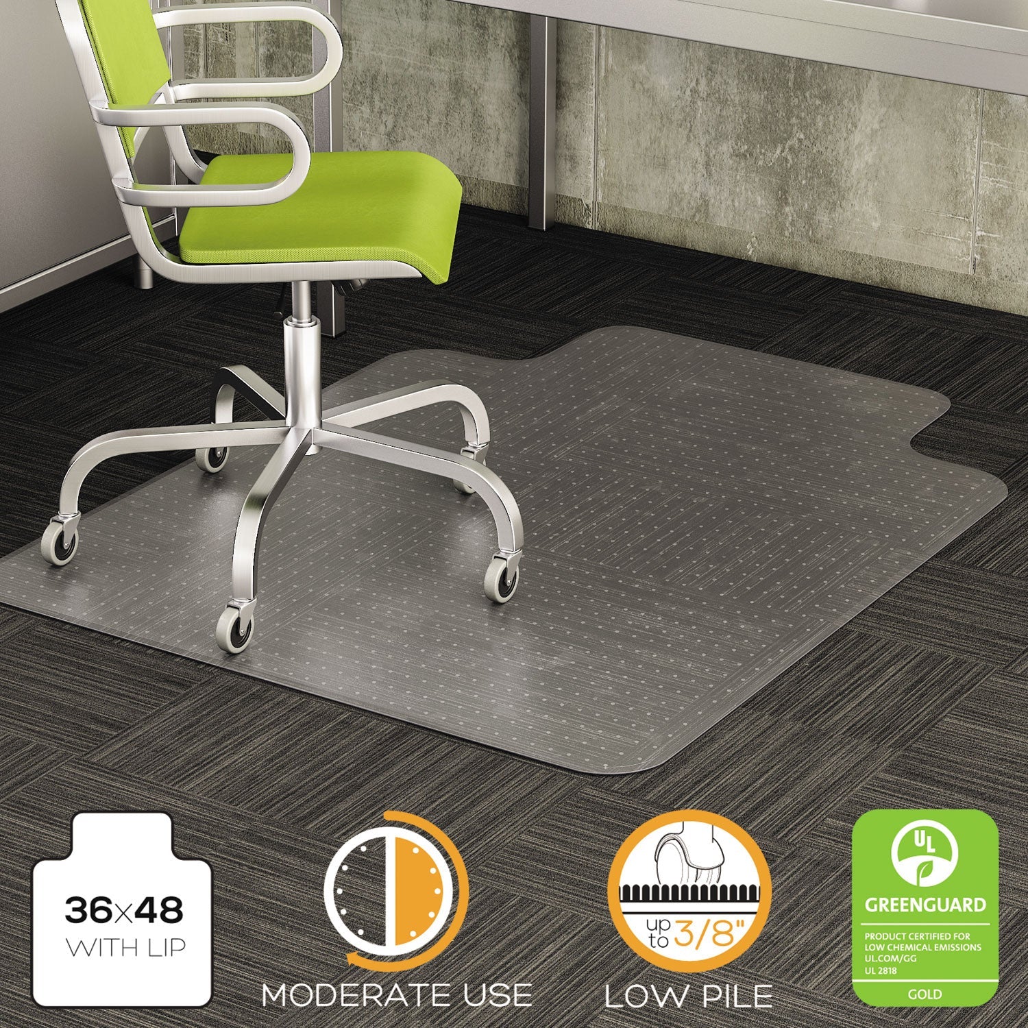 deflecto® Duramat Moderate Use Chair Mat, Low Pile Carpet, Flat, 36 X 48, Lipped, Clear
