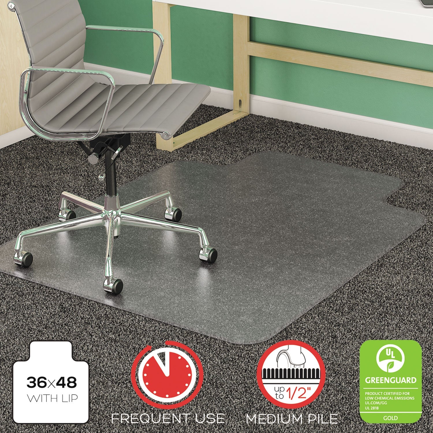 deflecto® Supermat Frequent Use Chair Mat, Med Pile Carpet, Flat, 36 X 48, Lipped, Clear