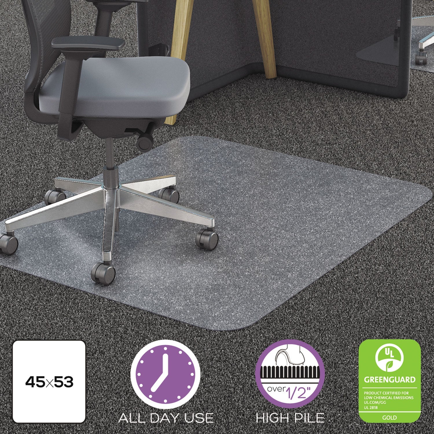 deflecto® All Day Use Chair Mat - All Carpet Types, 45 X 53, Rectangle, Clear