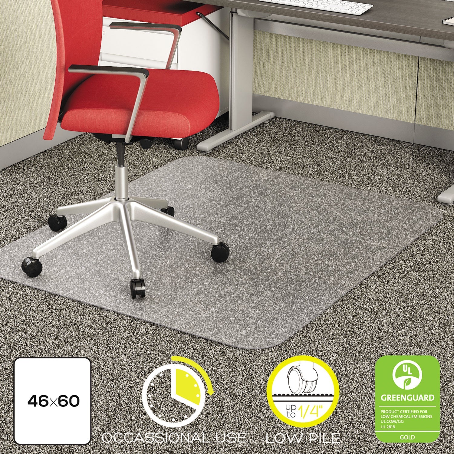 deflecto® Economat Occasional Use Chair Mat, Low Pile Carpet, Flat, 46 X 60, Rectangle, Clear