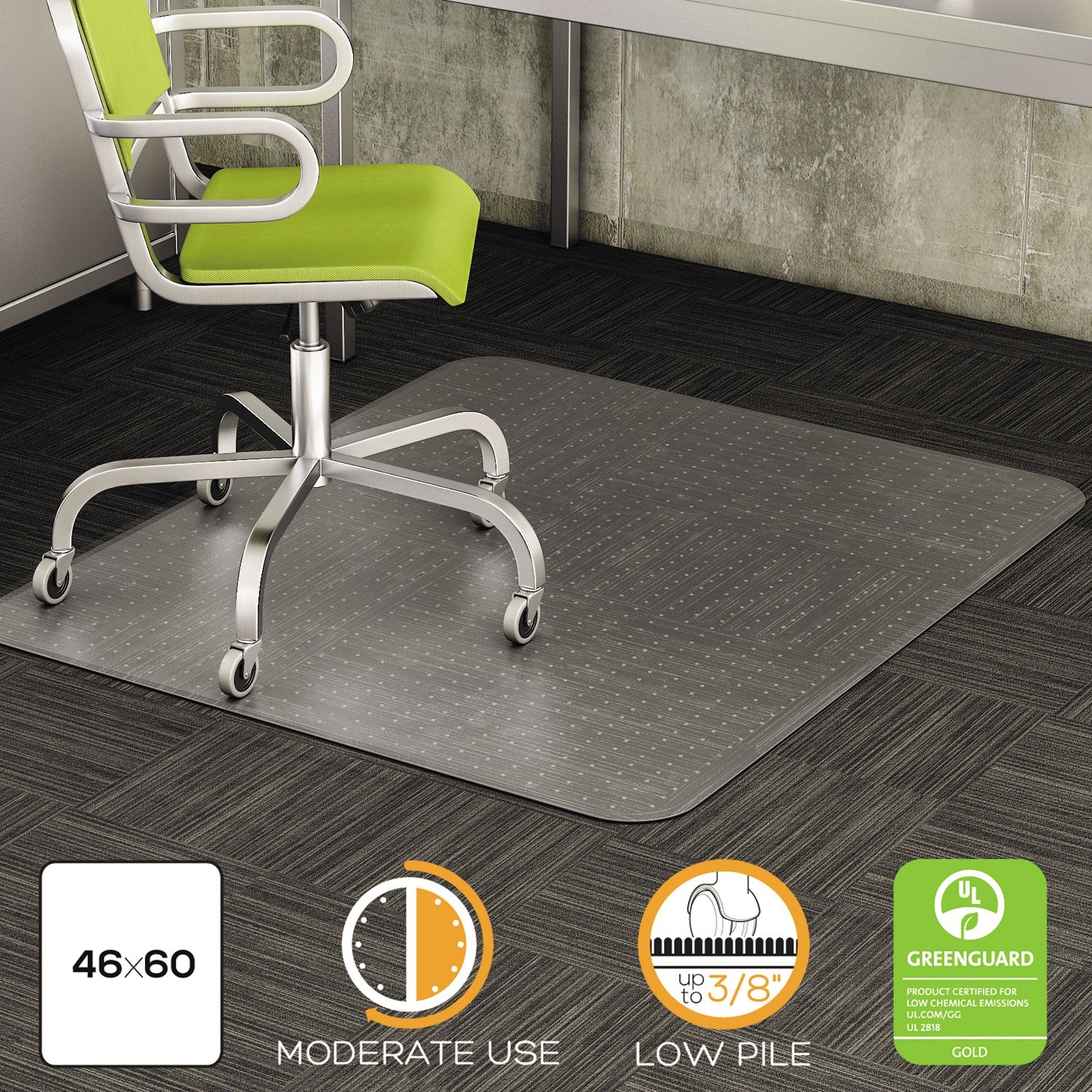 deflecto® Duramat Moderate Use Chair Mat, Low Pile Carpet, Flat, 46 X 60, Rectangle, Clear