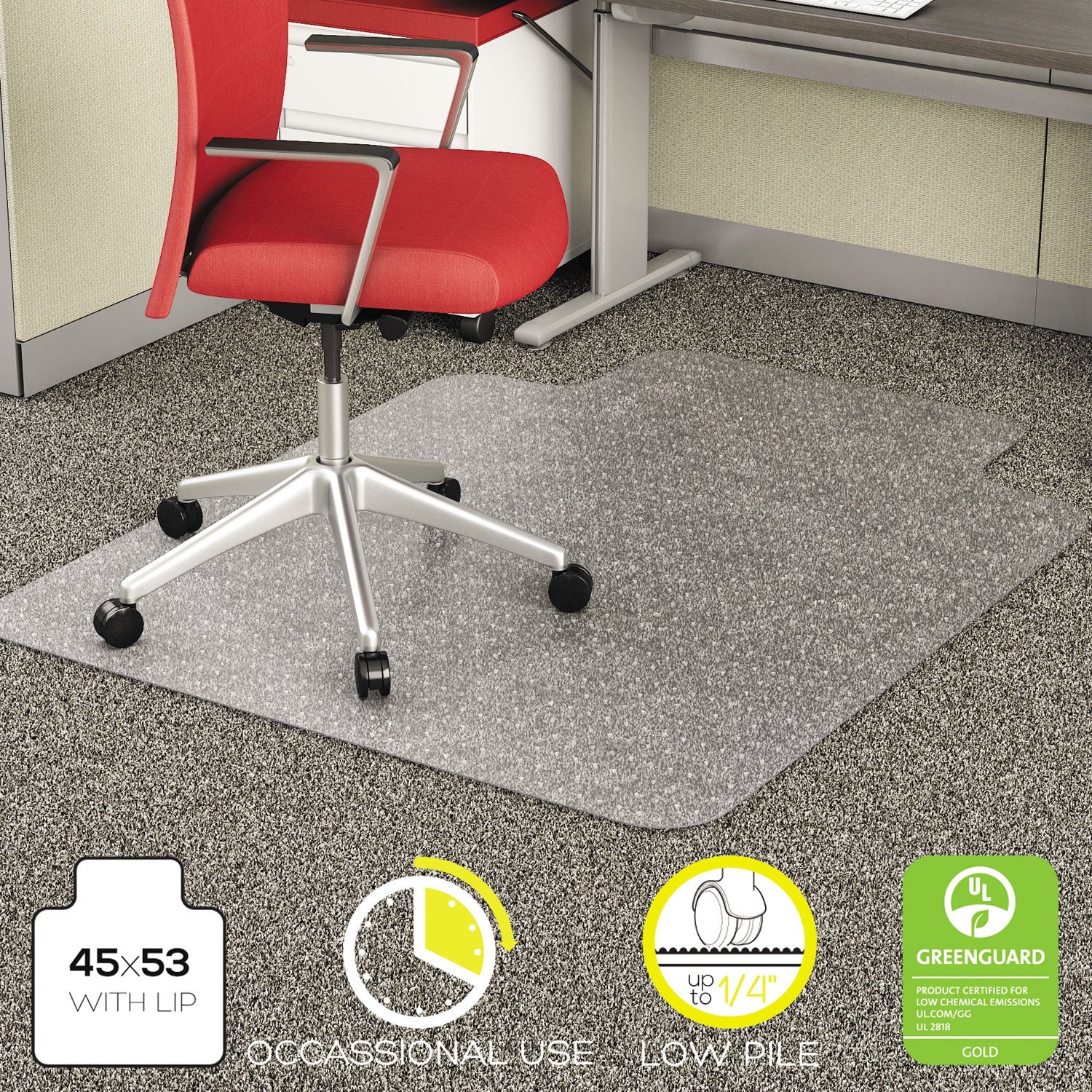 deflecto® Economat Occasional Use Chair Mat For Low Pile Carpet, 45 X 53, Wide Lipped, Clear
