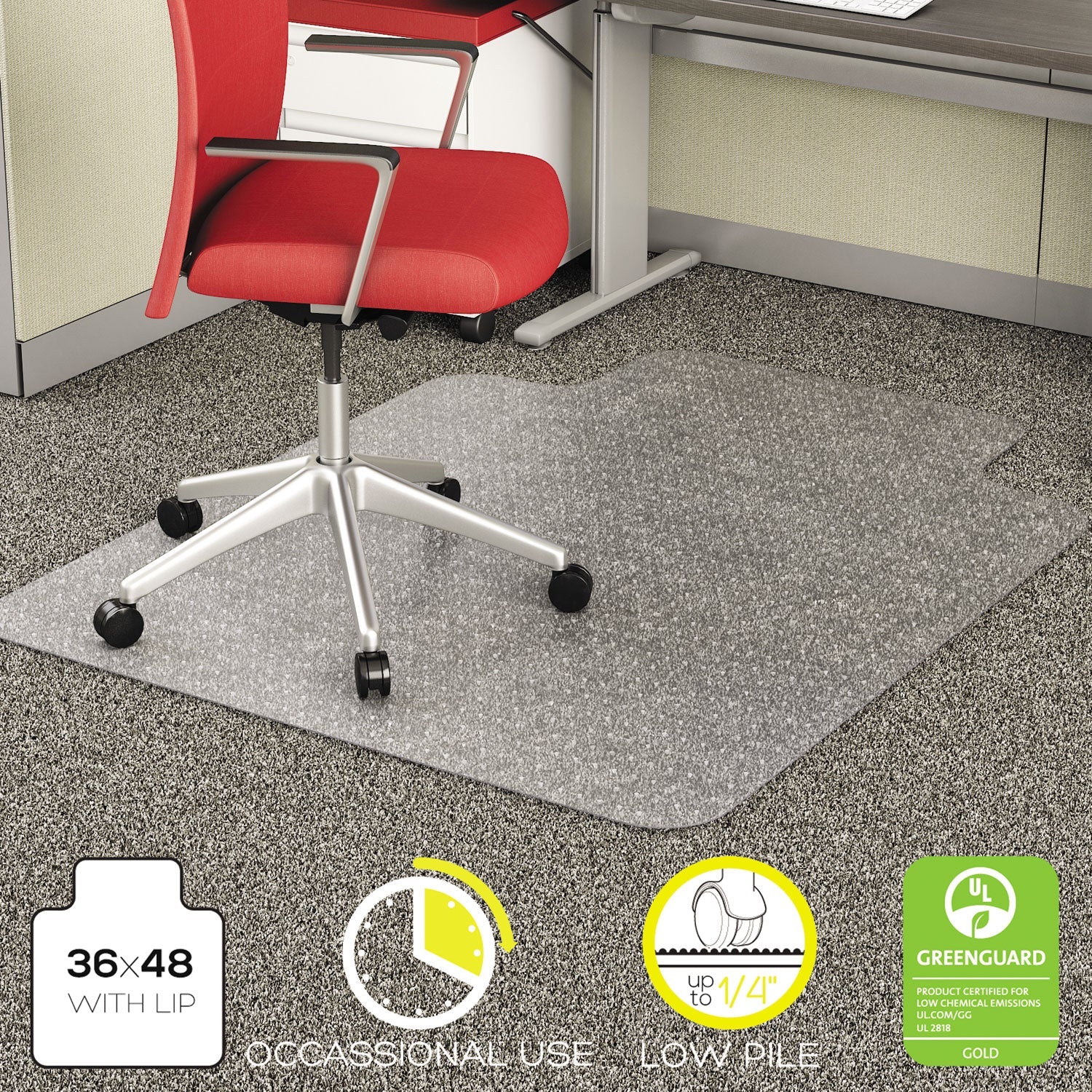 deflecto® Economat Occasional Use Chair Mat, Low Pile Carpet, Flat, 36 X 48, Lipped, Clear